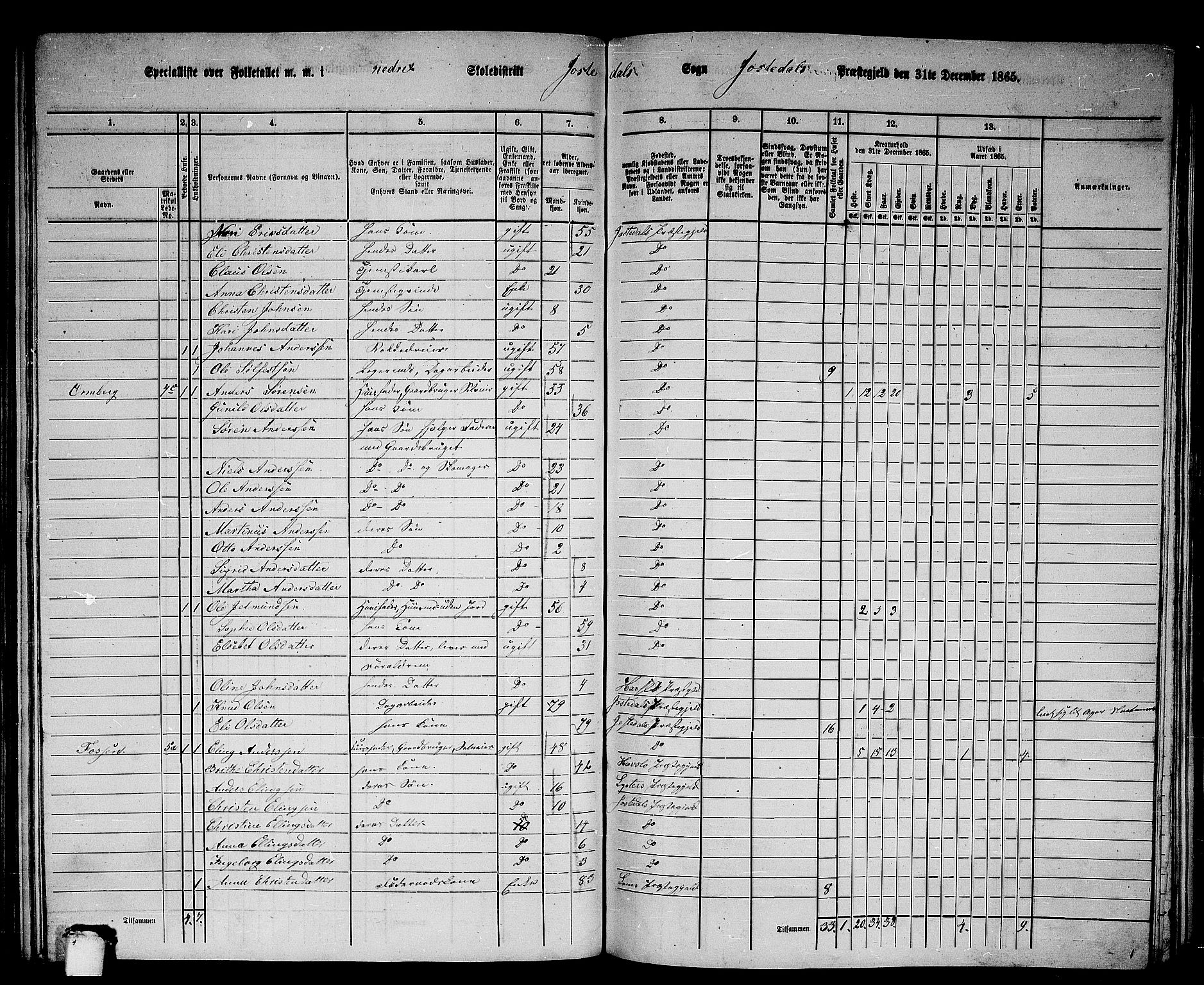 RA, 1865 census for Jostedal, 1865, p. 16