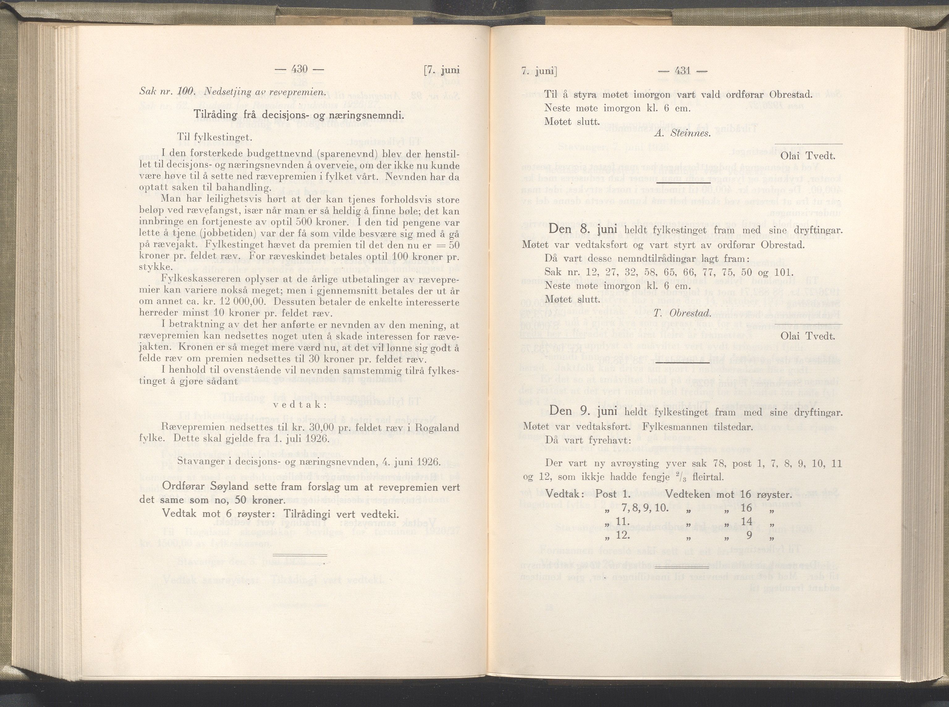 Rogaland fylkeskommune - Fylkesrådmannen , IKAR/A-900/A/Aa/Aaa/L0045: Møtebok , 1926, p. 430-431