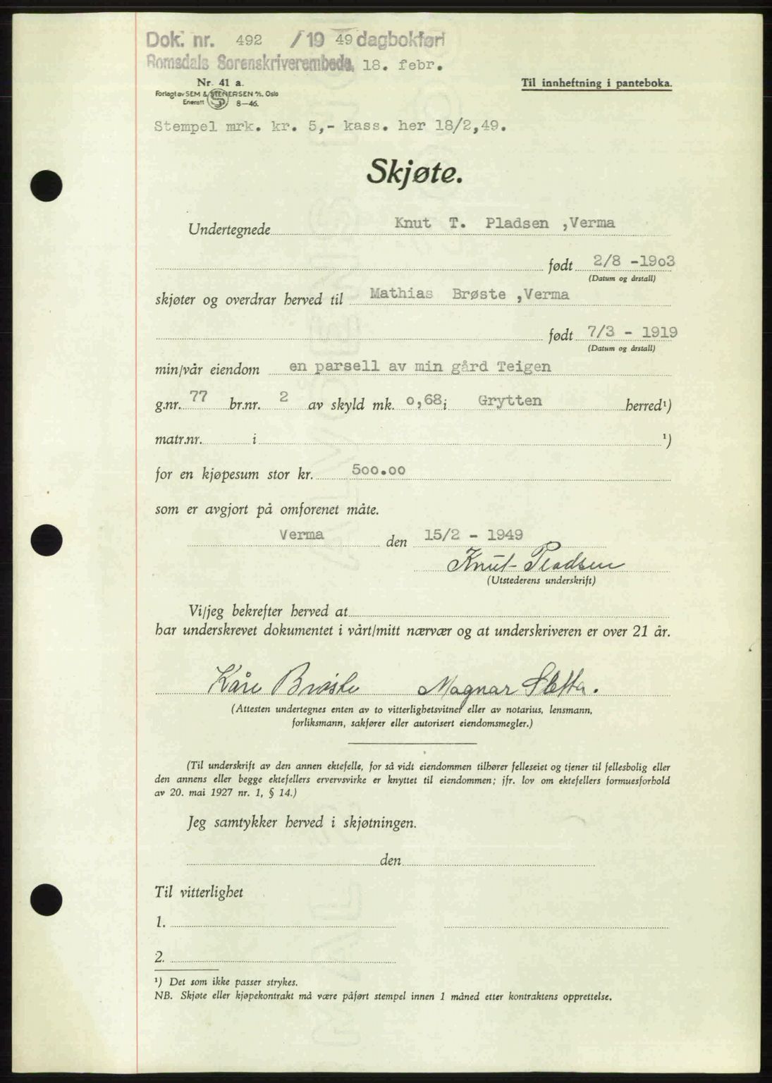 Romsdal sorenskriveri, AV/SAT-A-4149/1/2/2C: Mortgage book no. A28, 1948-1949, Diary no: : 492/1949