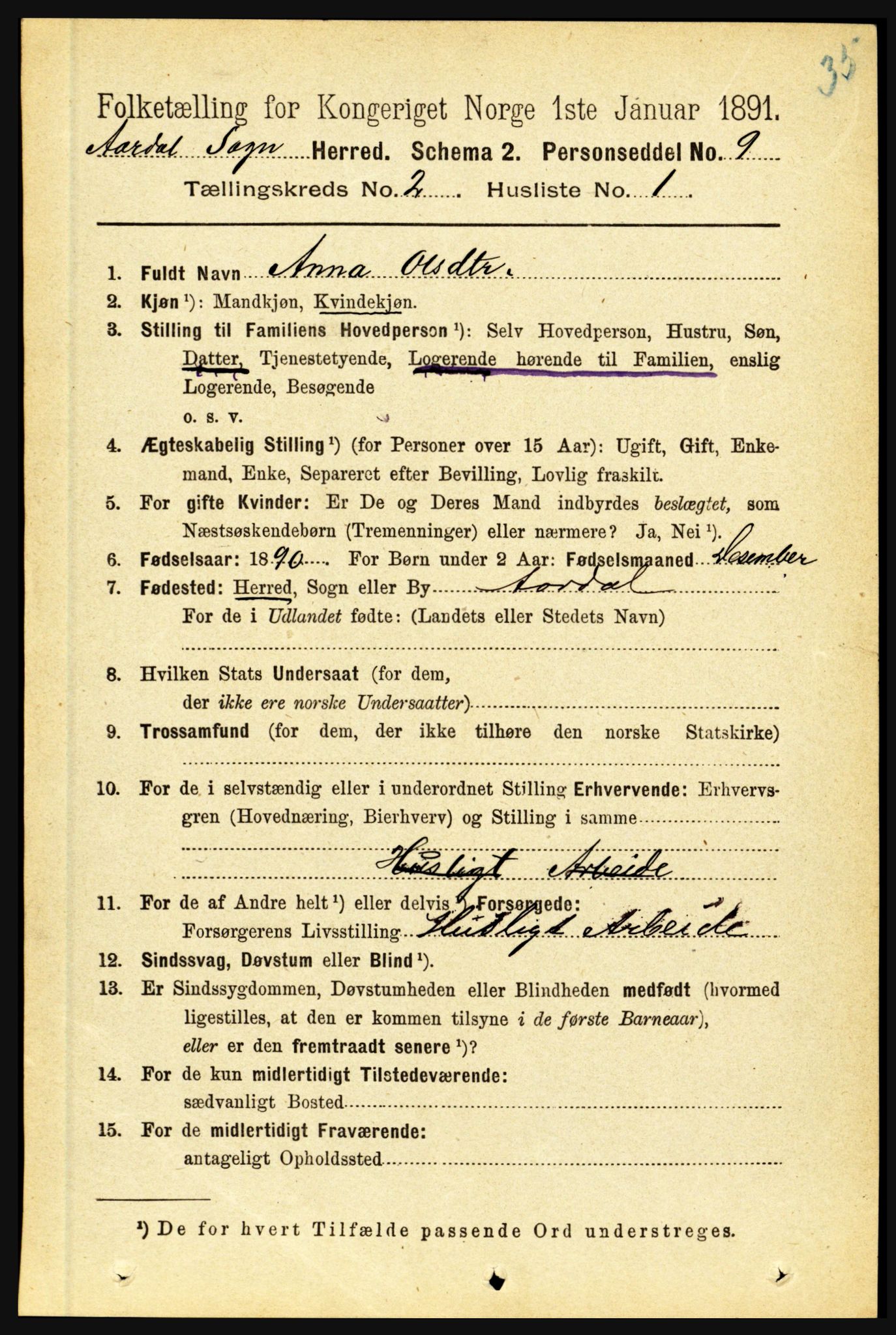 RA, 1891 census for 1424 Årdal, 1891, p. 171