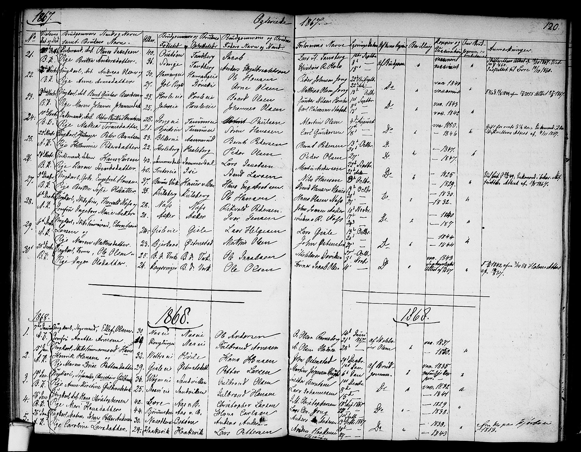 Asker prestekontor Kirkebøker, SAO/A-10256a/F/Fa/L0010: Parish register (official) no. I 10, 1825-1878, p. 120