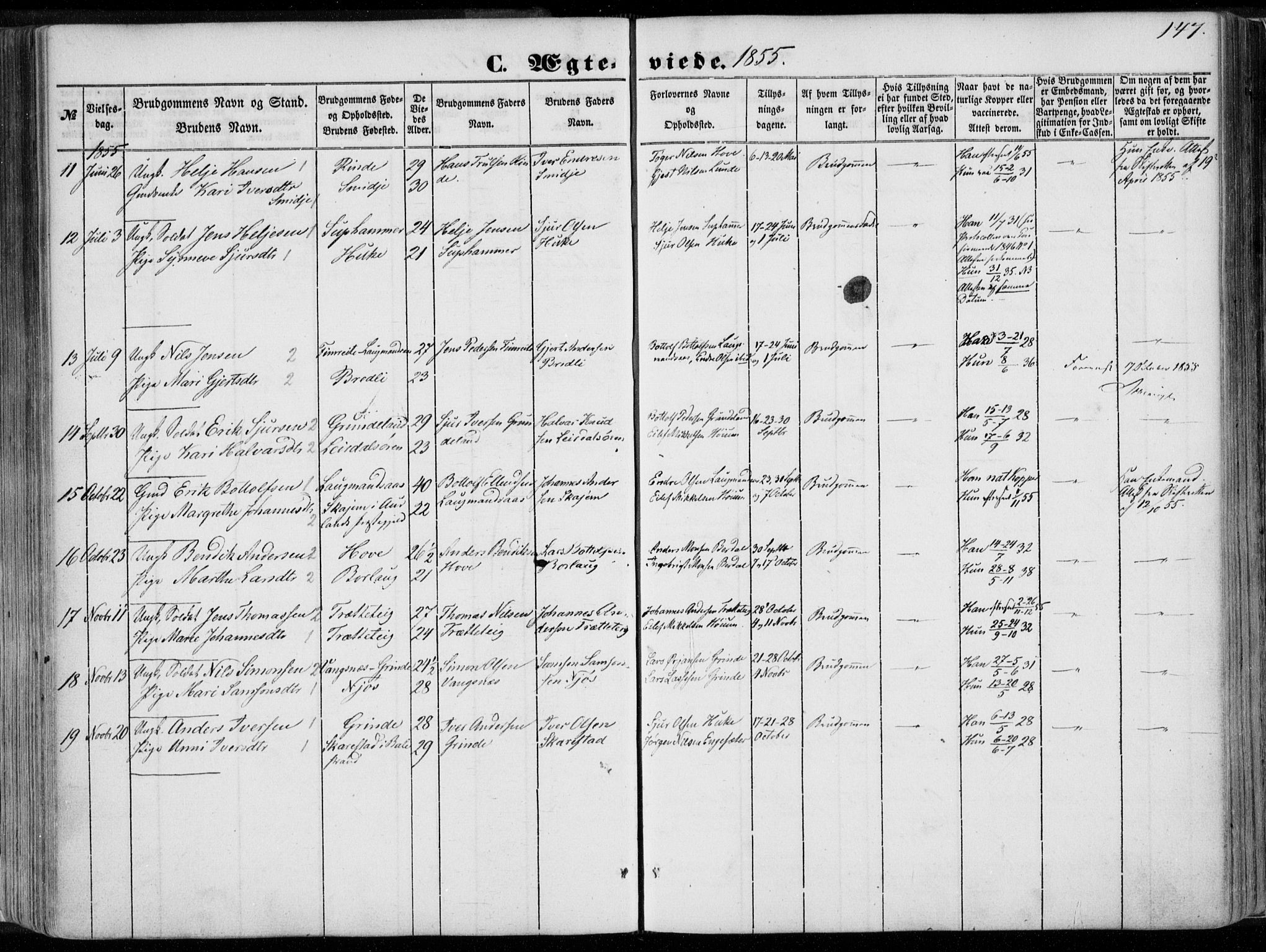 Leikanger sokneprestembete, AV/SAB-A-81001/H/Haa/Haaa/L0008: Parish register (official) no. A 8, 1852-1868, p. 147