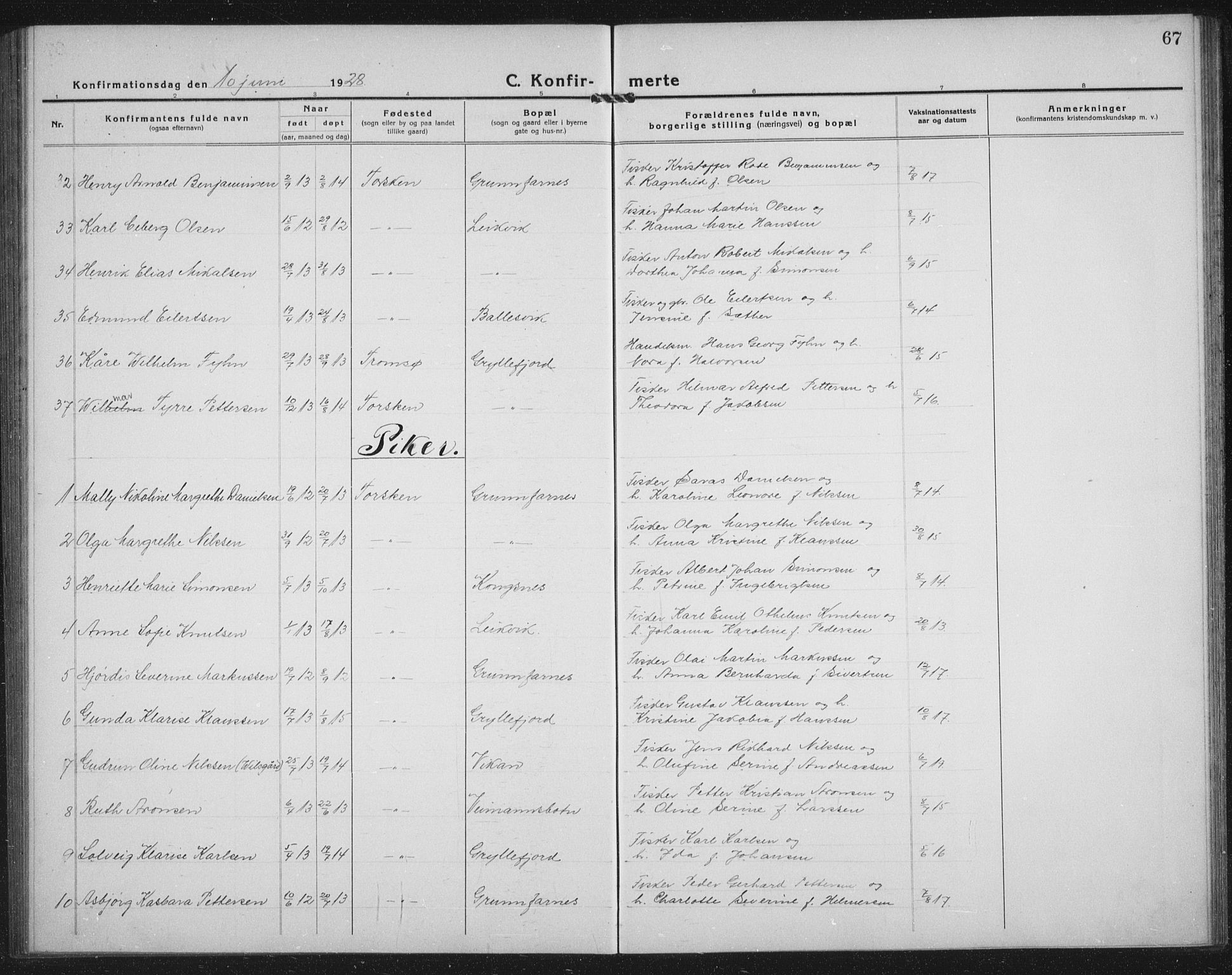 Berg sokneprestkontor, AV/SATØ-S-1318/G/Ga/Gab/L0014klokker: Parish register (copy) no. 14, 1922-1933, p. 67