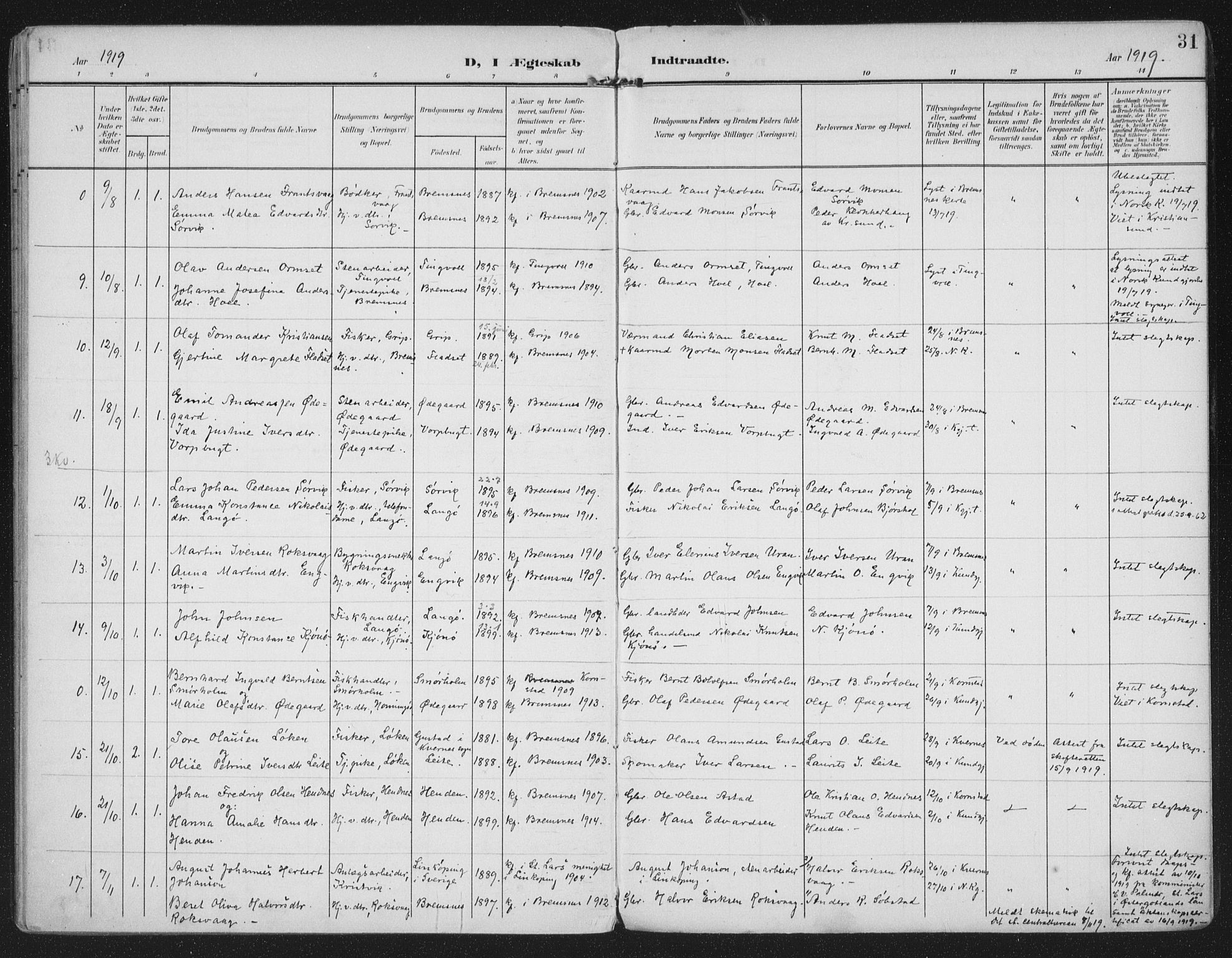 Ministerialprotokoller, klokkerbøker og fødselsregistre - Møre og Romsdal, AV/SAT-A-1454/569/L0822: Parish register (official) no. 569A08, 1908-1919, p. 31