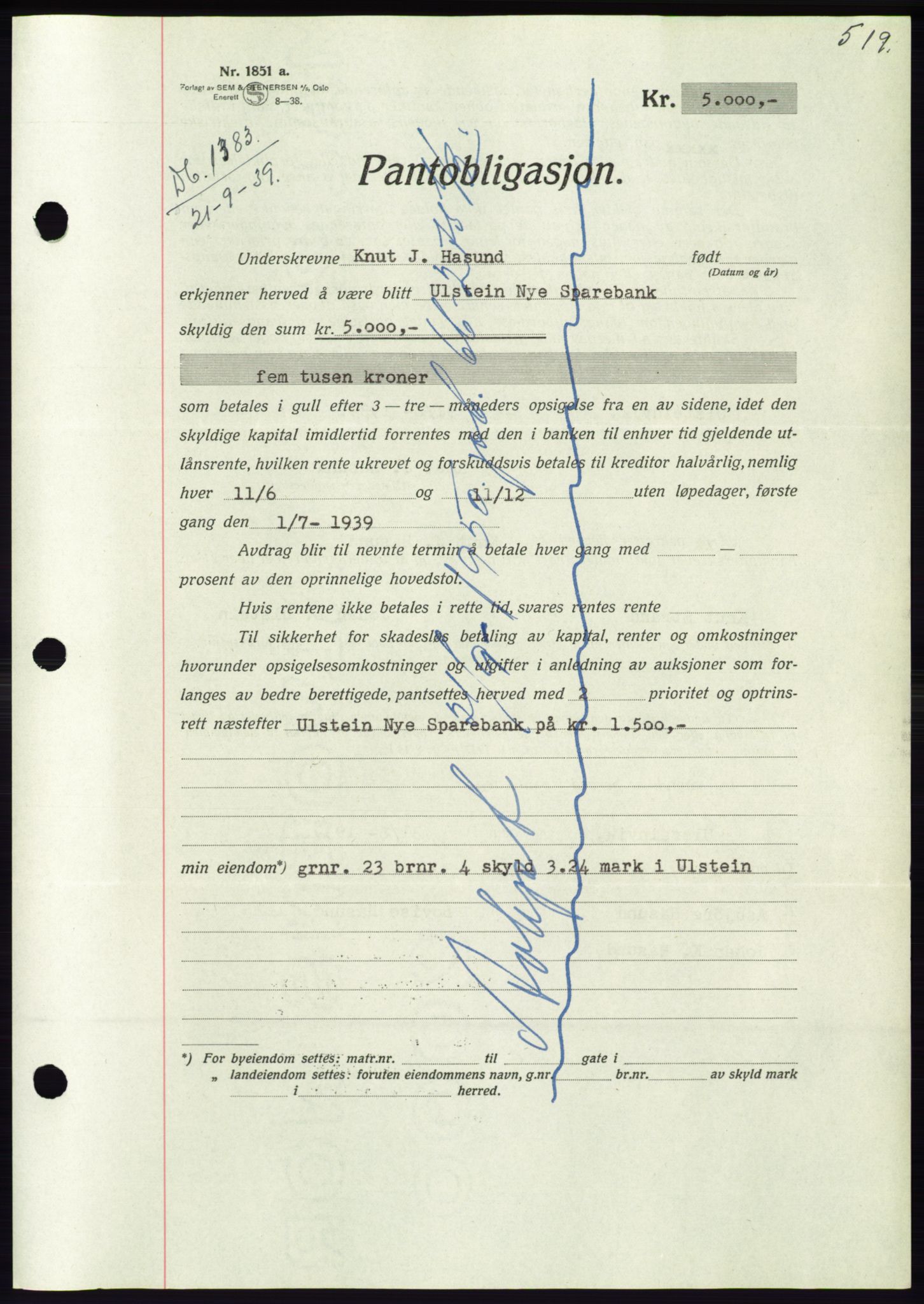 Søre Sunnmøre sorenskriveri, AV/SAT-A-4122/1/2/2C/L0068: Mortgage book no. 62, 1939-1939, Diary no: : 1383/1939