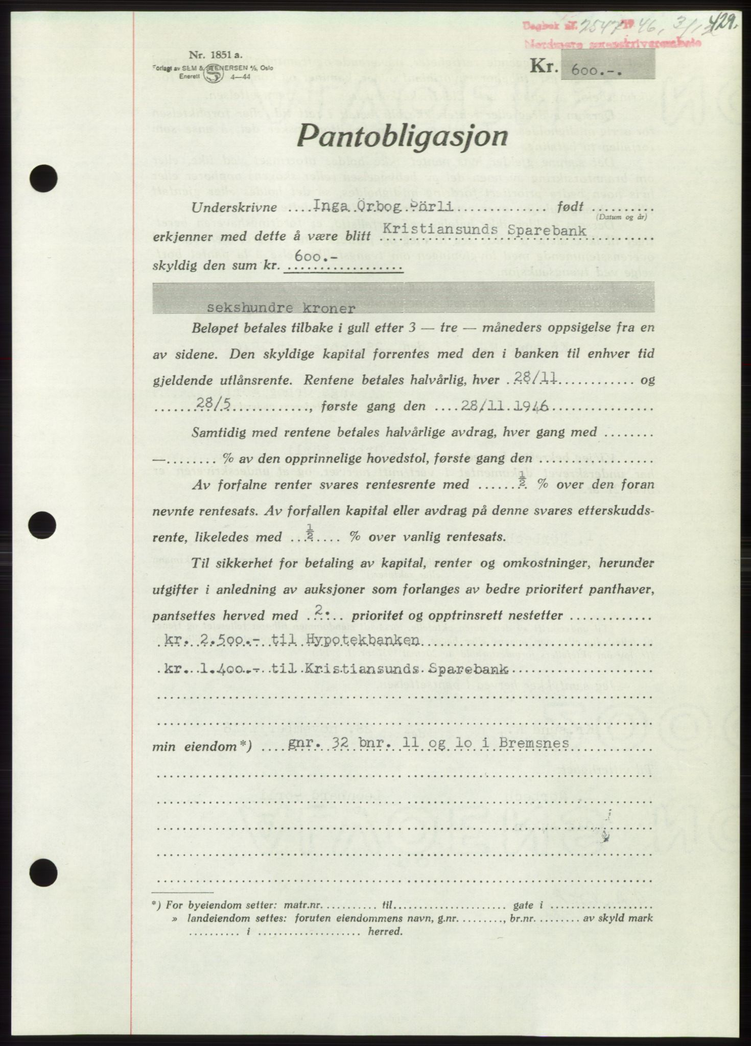 Nordmøre sorenskriveri, AV/SAT-A-4132/1/2/2Ca: Mortgage book no. B95, 1946-1947, Diary no: : 2547/1946