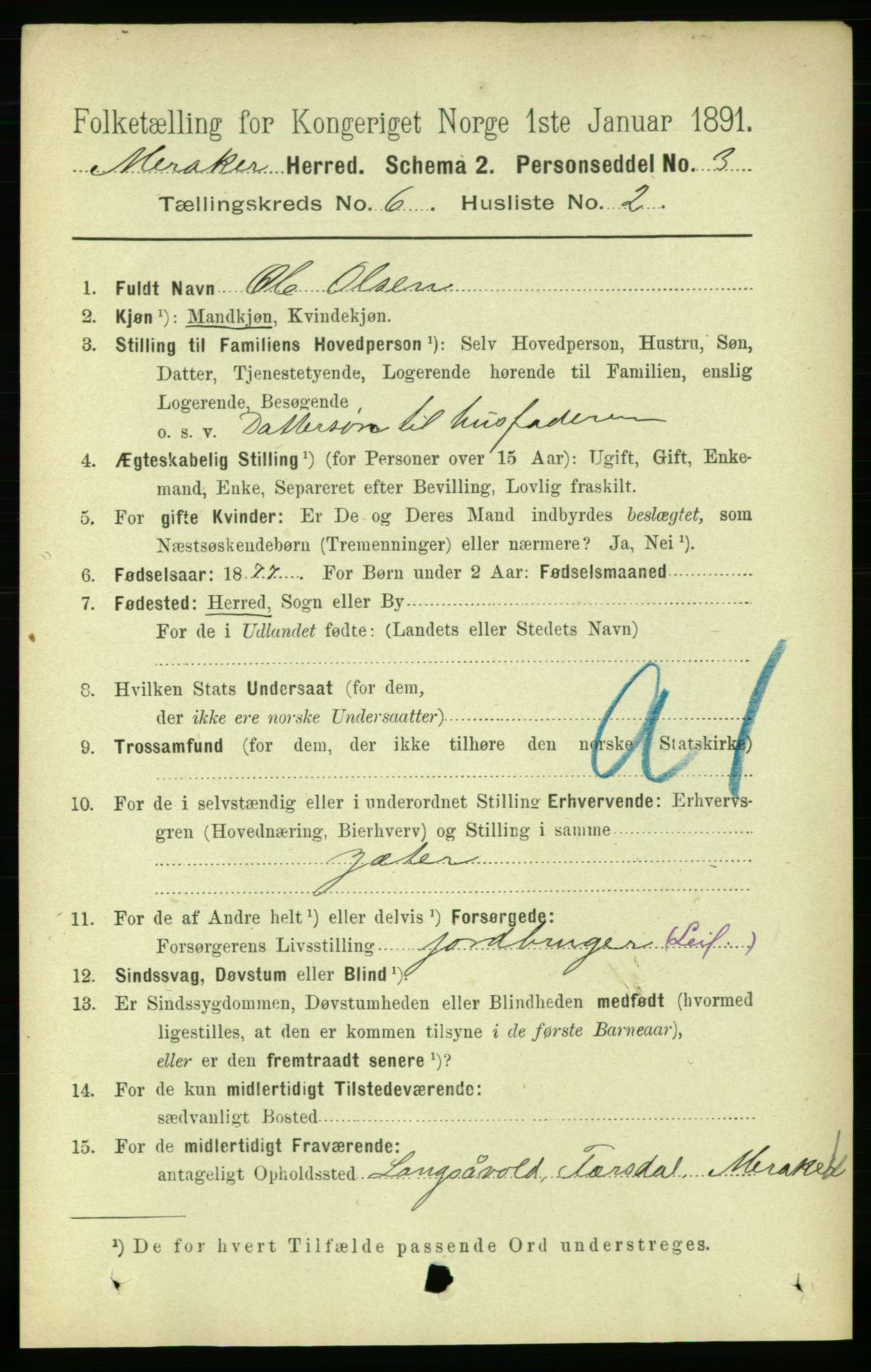 RA, 1891 census for 1711 Meråker, 1891, p. 2044