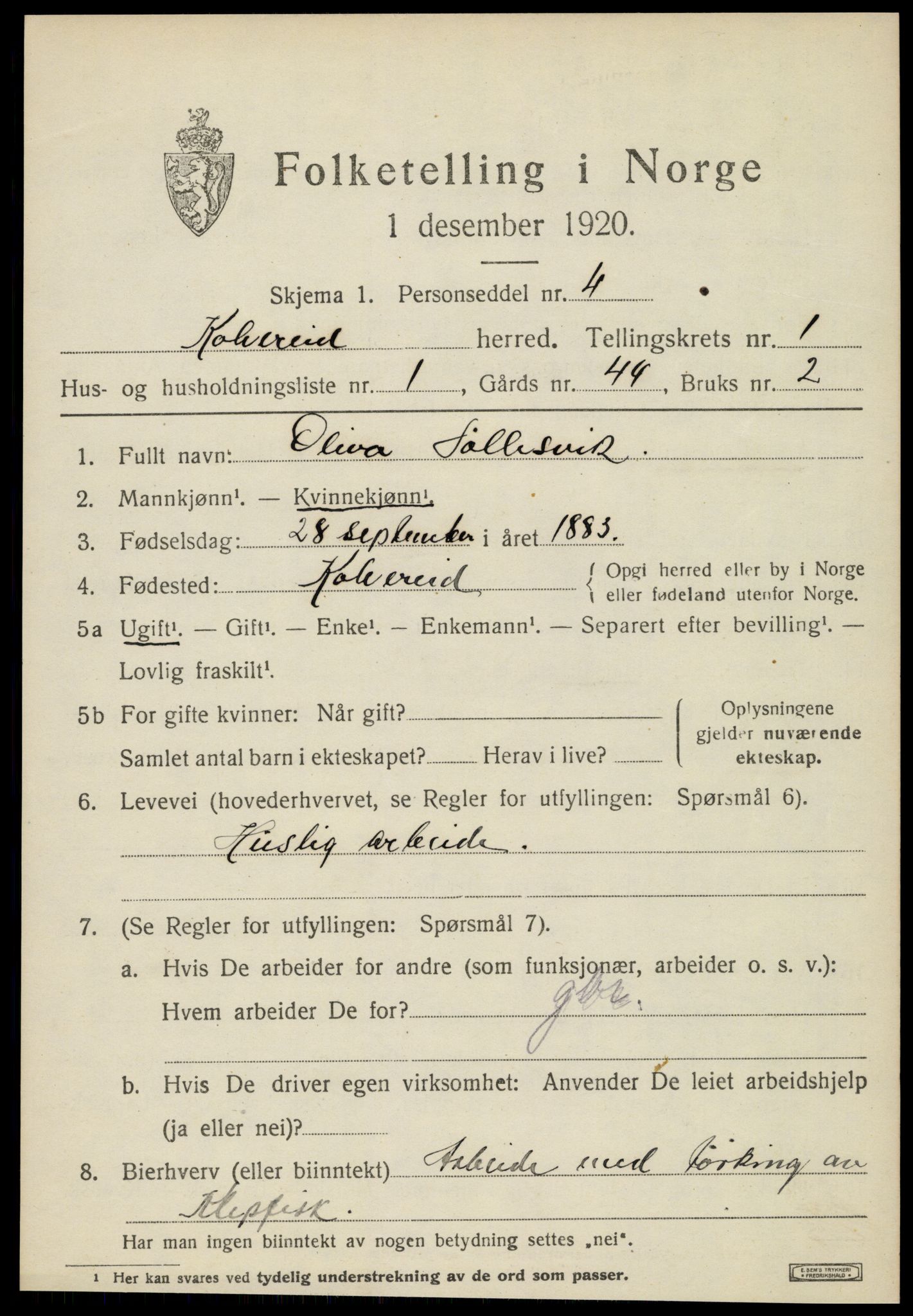 SAT, 1920 census for Kolvereid, 1920, p. 865