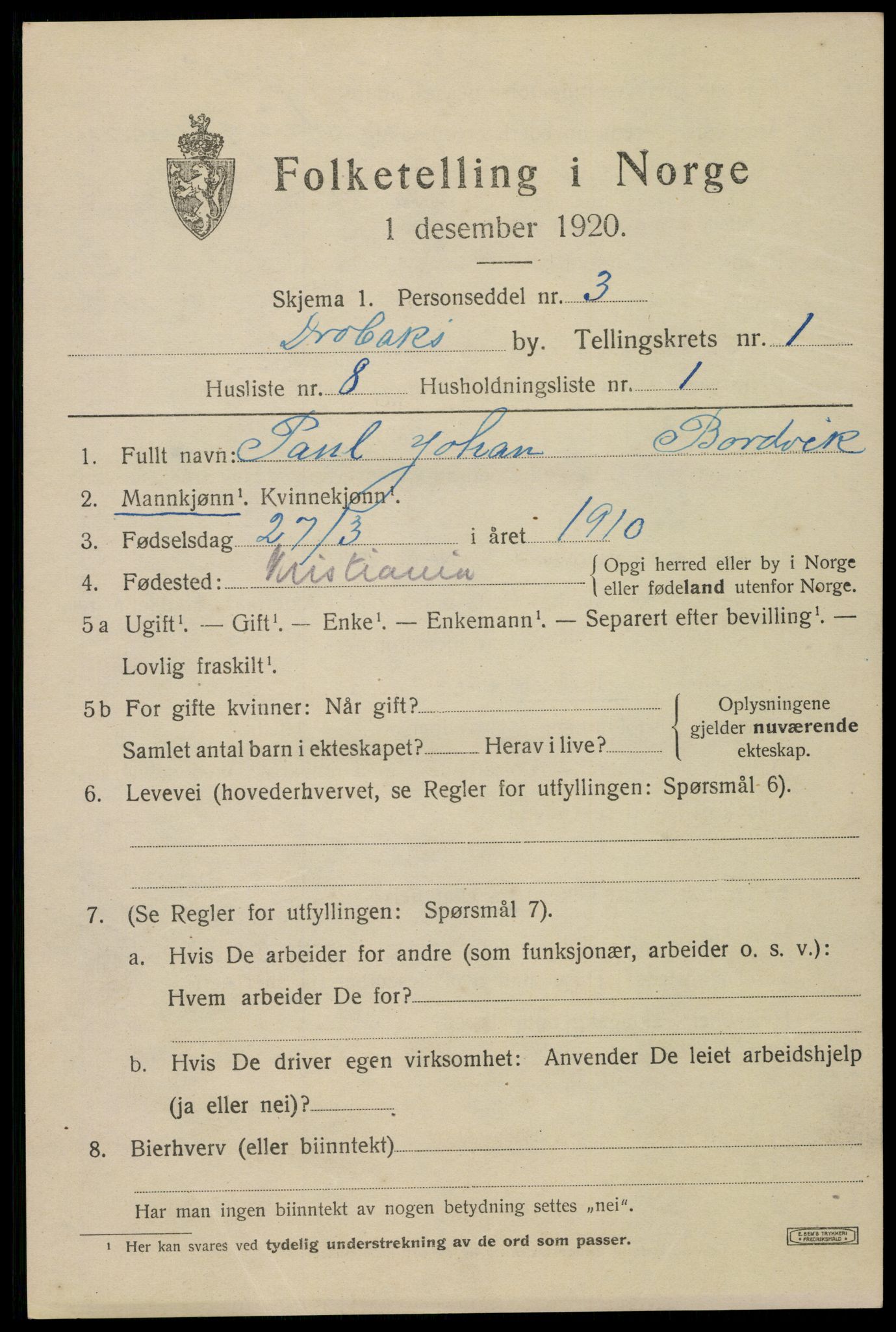 SAO, 1920 census for Drøbak, 1920, p. 2073