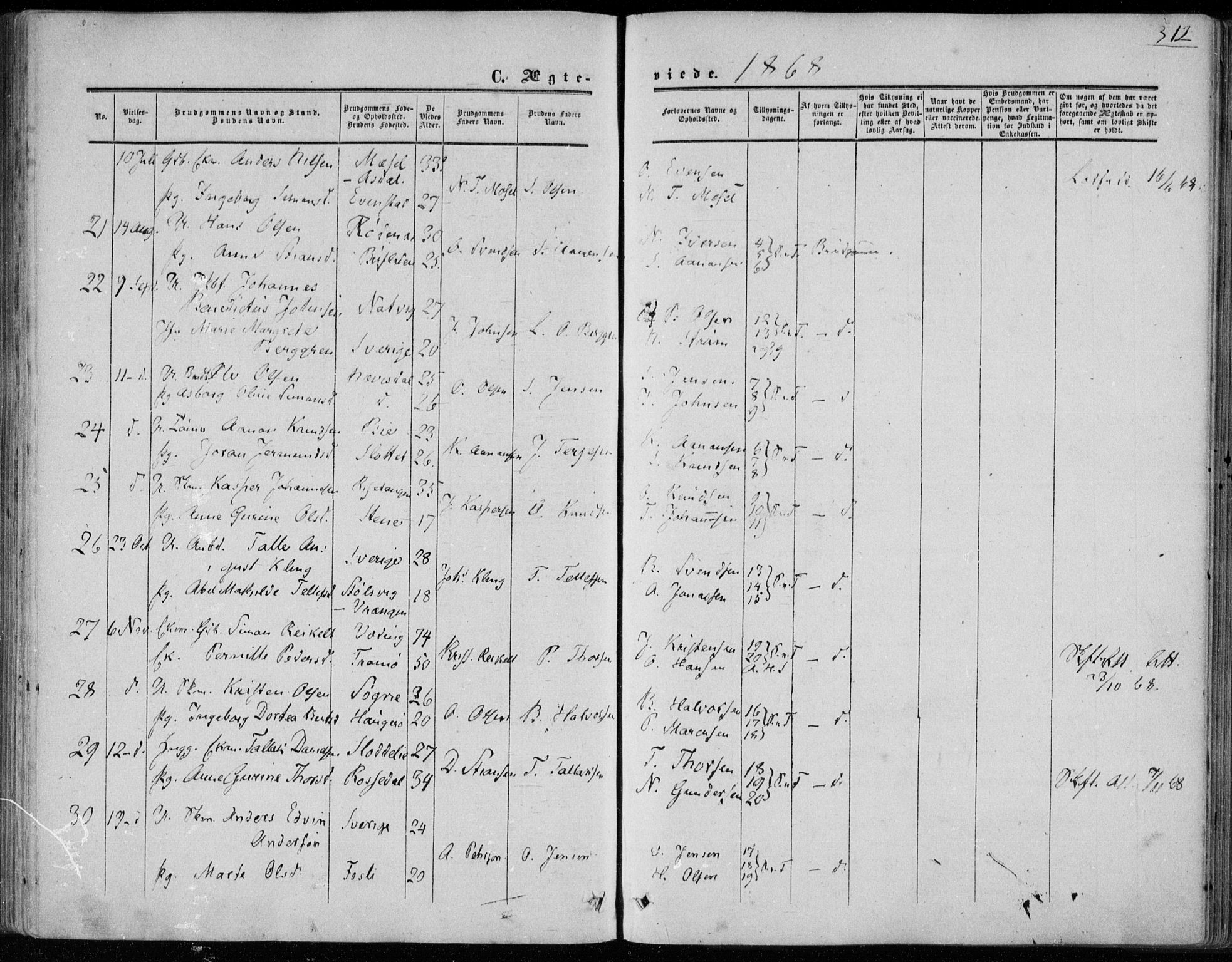 Øyestad sokneprestkontor, AV/SAK-1111-0049/F/Fa/L0015: Parish register (official) no. A 15, 1857-1873, p. 312