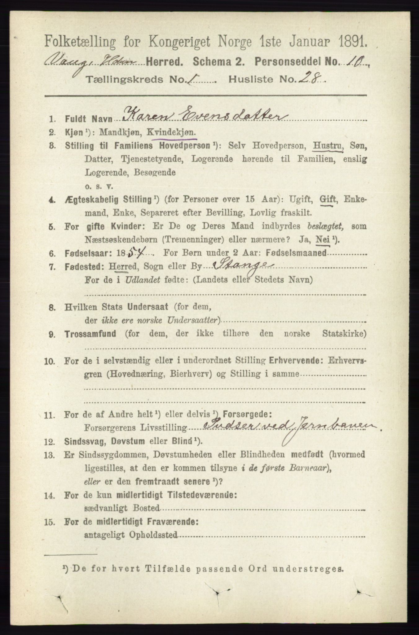 RA, 1891 census for 0414 Vang, 1891, p. 351