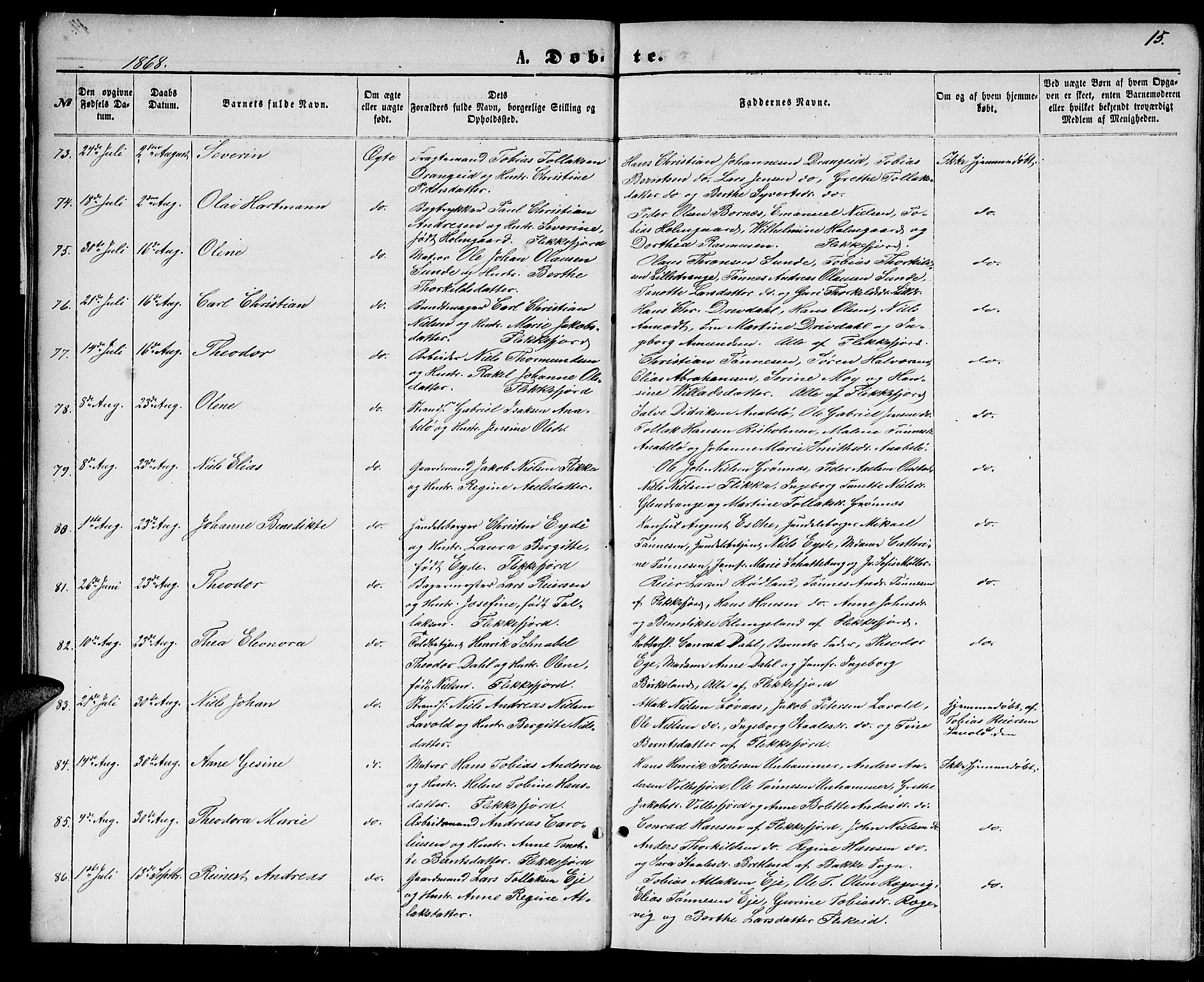 Flekkefjord sokneprestkontor, AV/SAK-1111-0012/F/Fb/Fbc/L0006: Parish register (copy) no. B 6, 1866-1879, p. 15