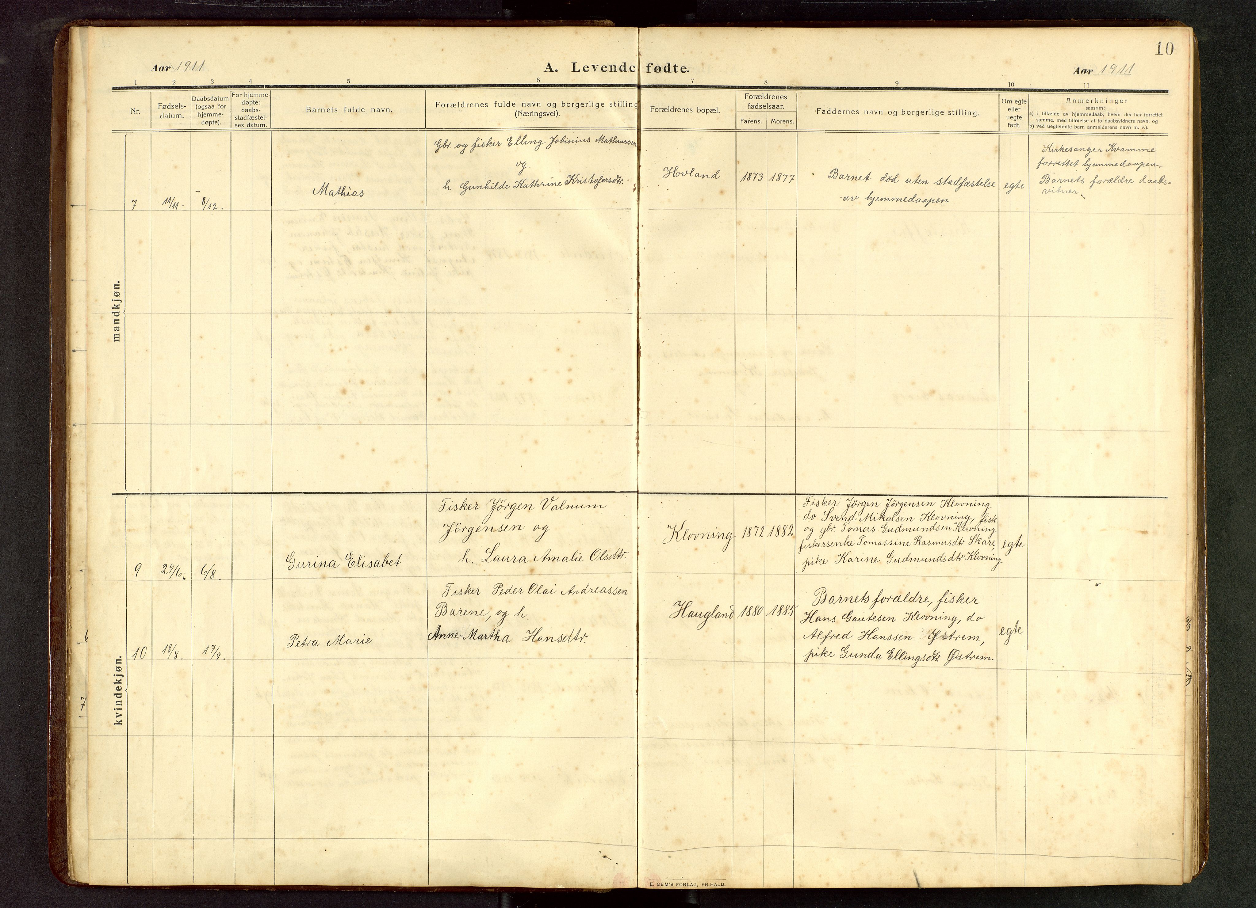 Torvastad sokneprestkontor, AV/SAST-A -101857/H/Ha/Hab/L0012: Parish register (copy) no. B 12, 1909-1945, p. 10