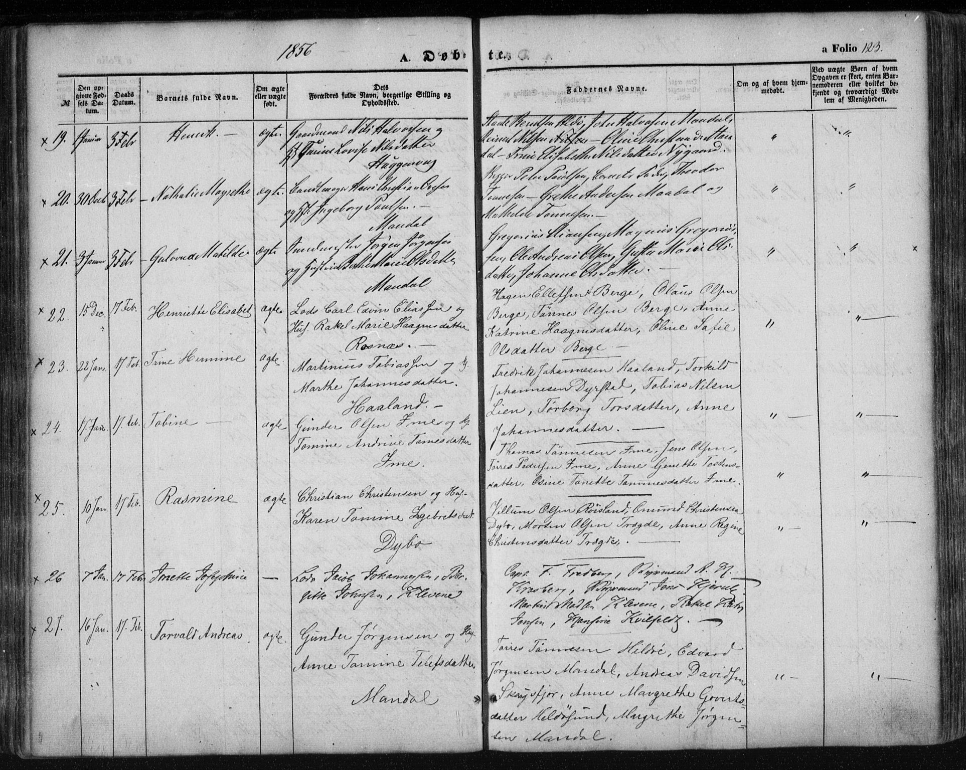 Mandal sokneprestkontor, AV/SAK-1111-0030/F/Fa/Faa/L0013: Parish register (official) no. A 13, 1847-1859, p. 123