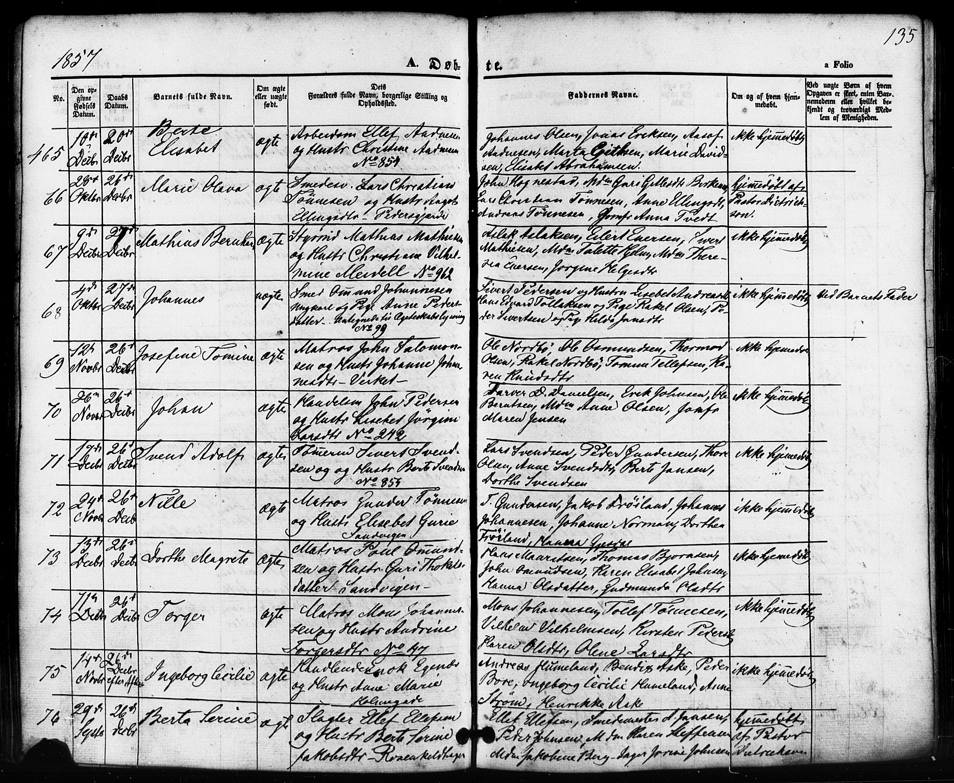 Domkirken sokneprestkontor, SAST/A-101812/001/30/30BB/L0010: Parish register (copy) no. B 10, 1855-1860, p. 135