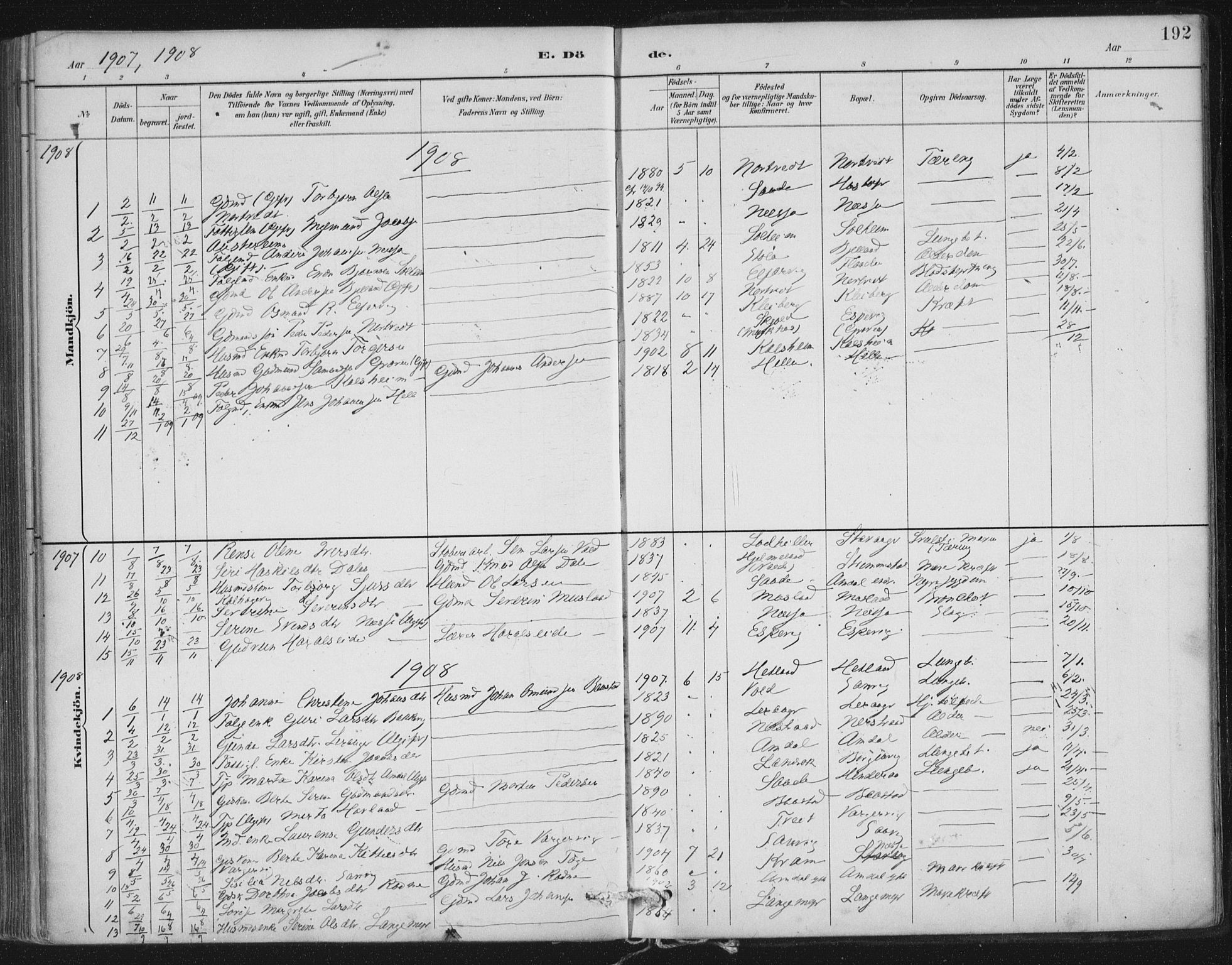 Nedstrand sokneprestkontor, SAST/A-101841/01/IV: Parish register (official) no. A 12, 1887-1915, p. 192