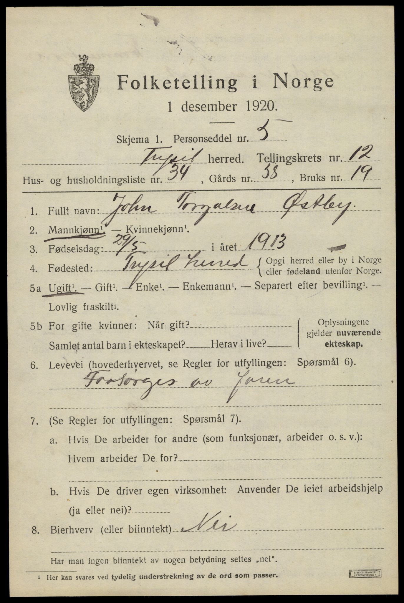 SAH, 1920 census for Trysil, 1920, p. 7575