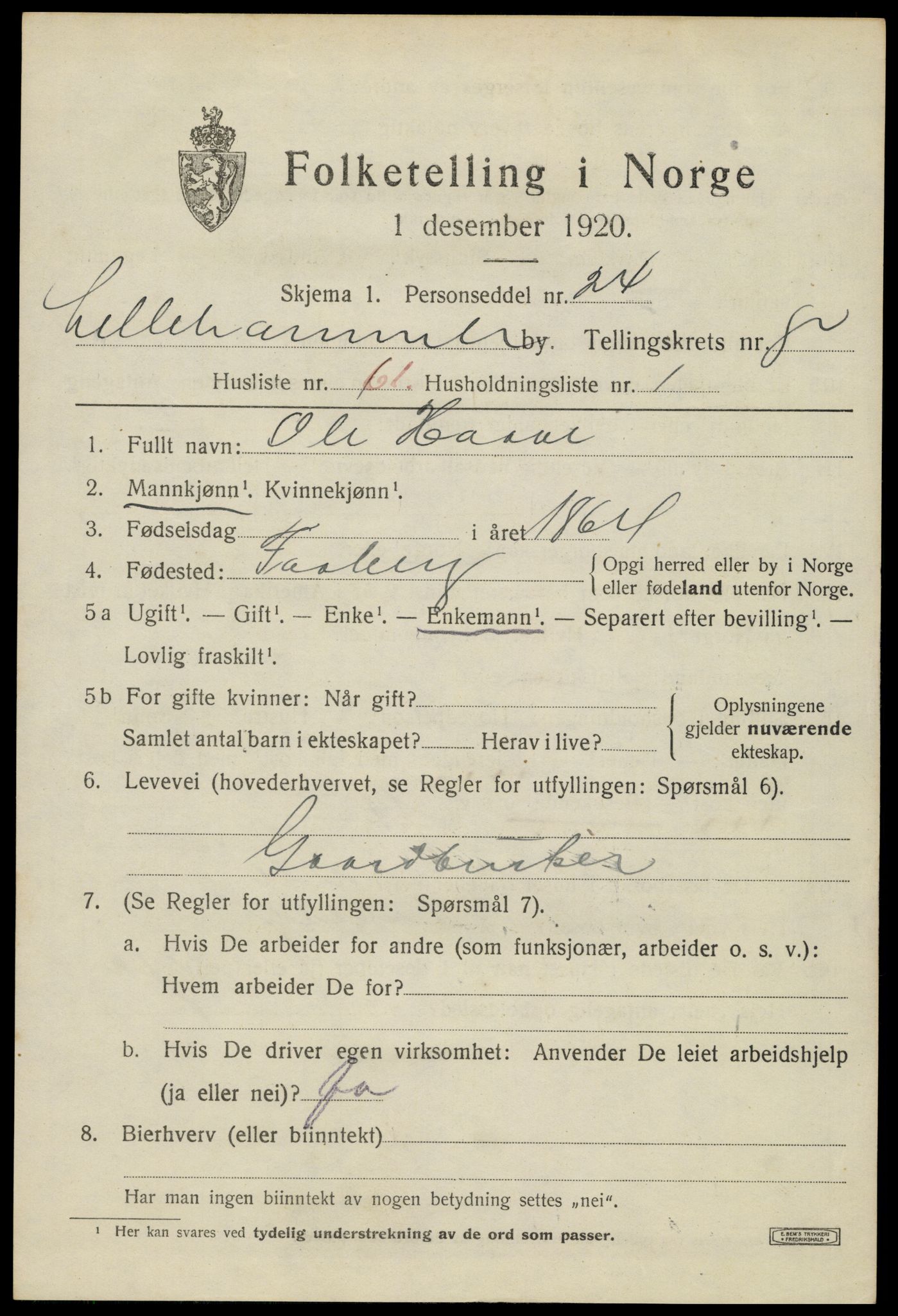 SAH, 1920 census for Lillehammer, 1920, p. 11672