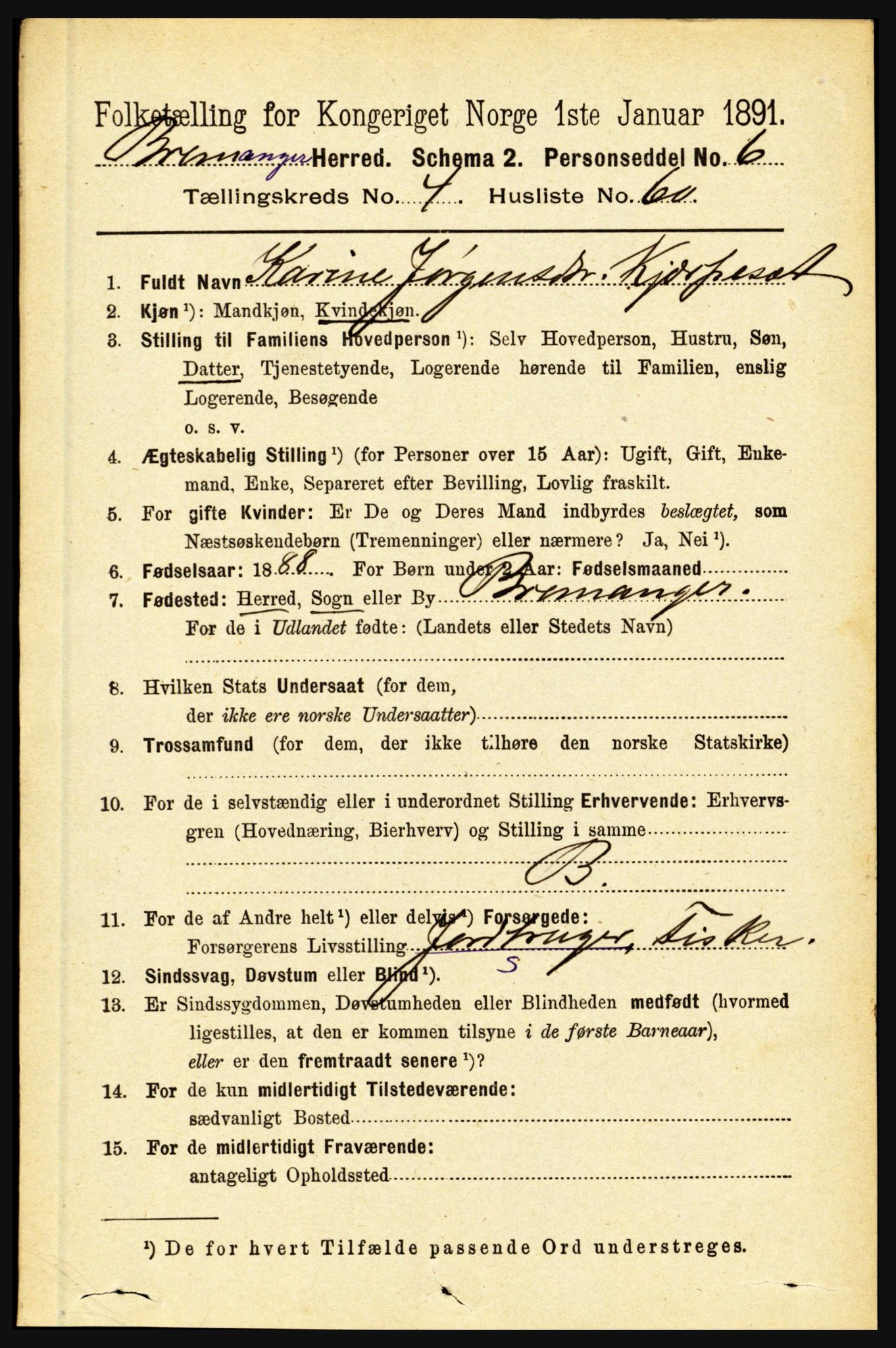RA, 1891 census for 1438 Bremanger, 1891, p. 1882