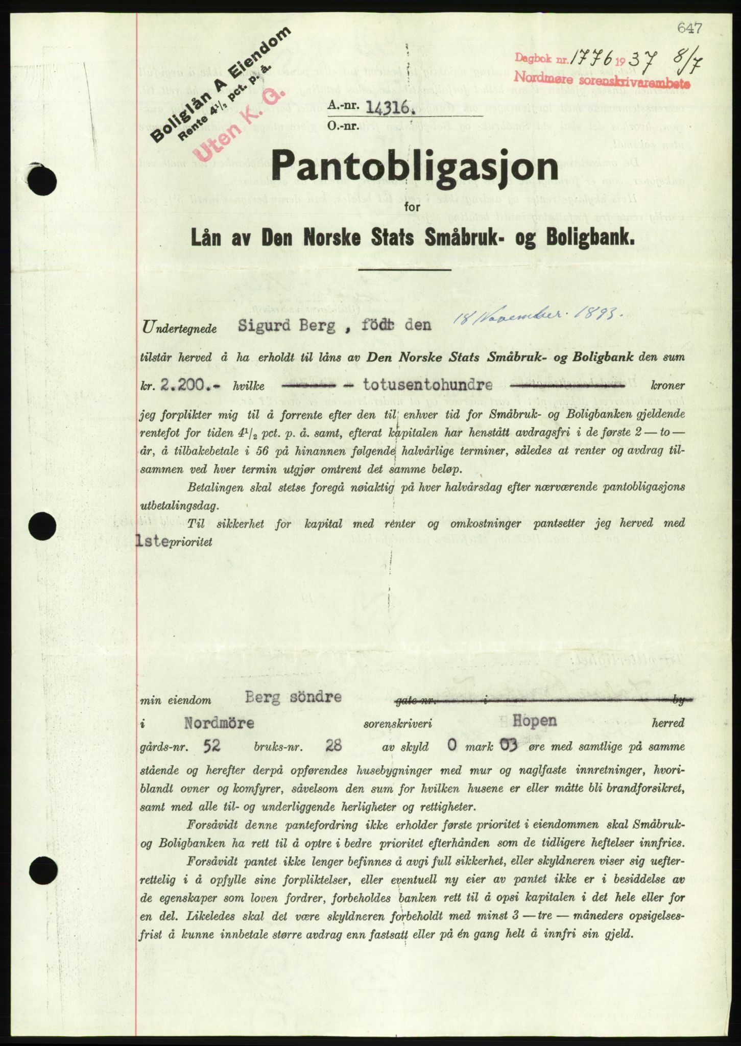 Nordmøre sorenskriveri, AV/SAT-A-4132/1/2/2Ca/L0091: Mortgage book no. B81, 1937-1937, Diary no: : 1776/1937