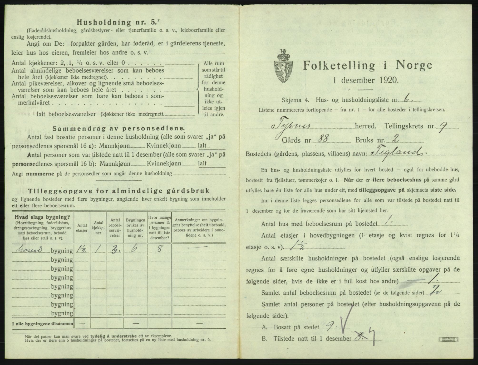 SAB, 1920 census for Tysnes, 1920, p. 824