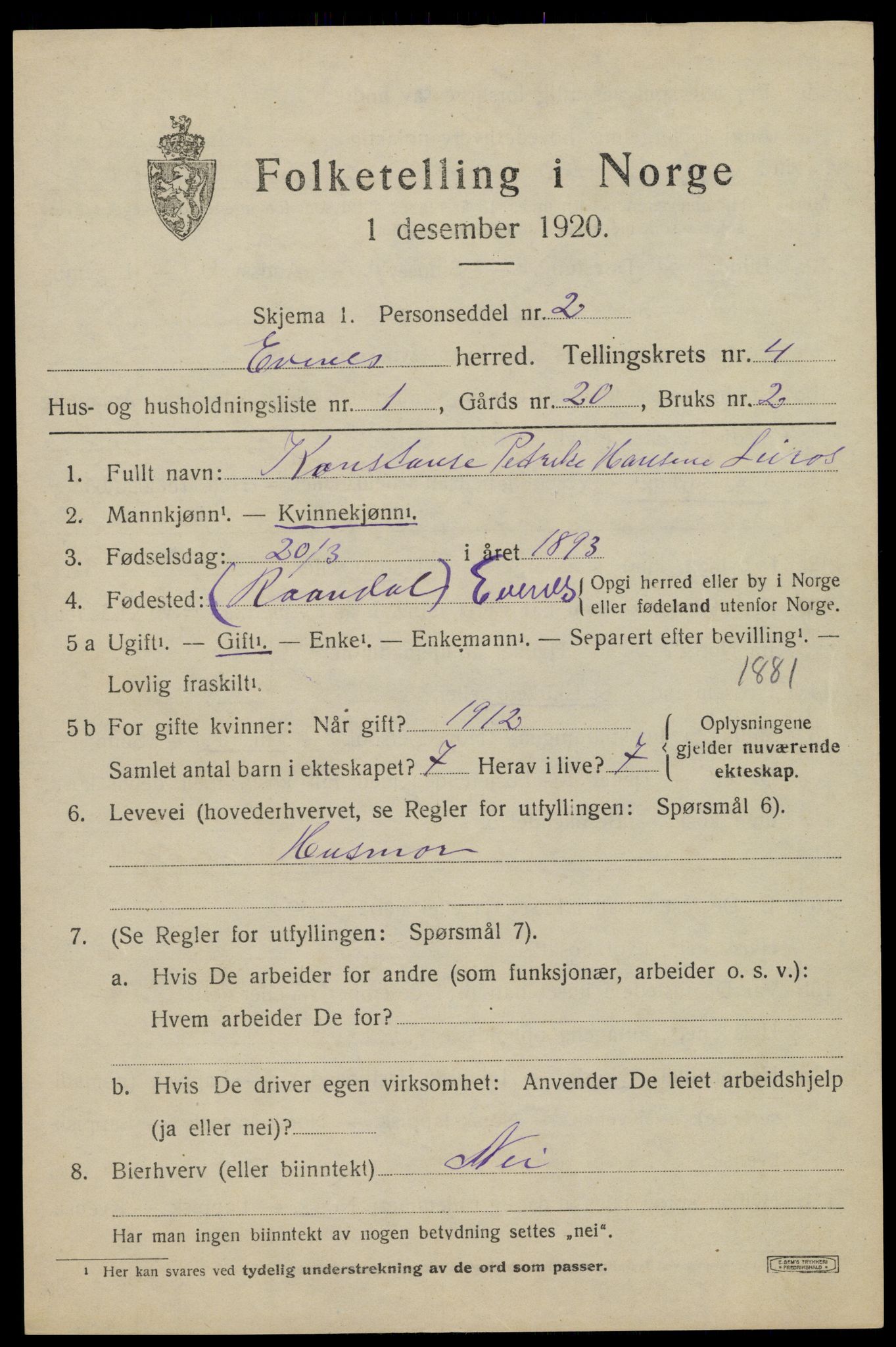 SAT, 1920 census for Evenes, 1920, p. 3592