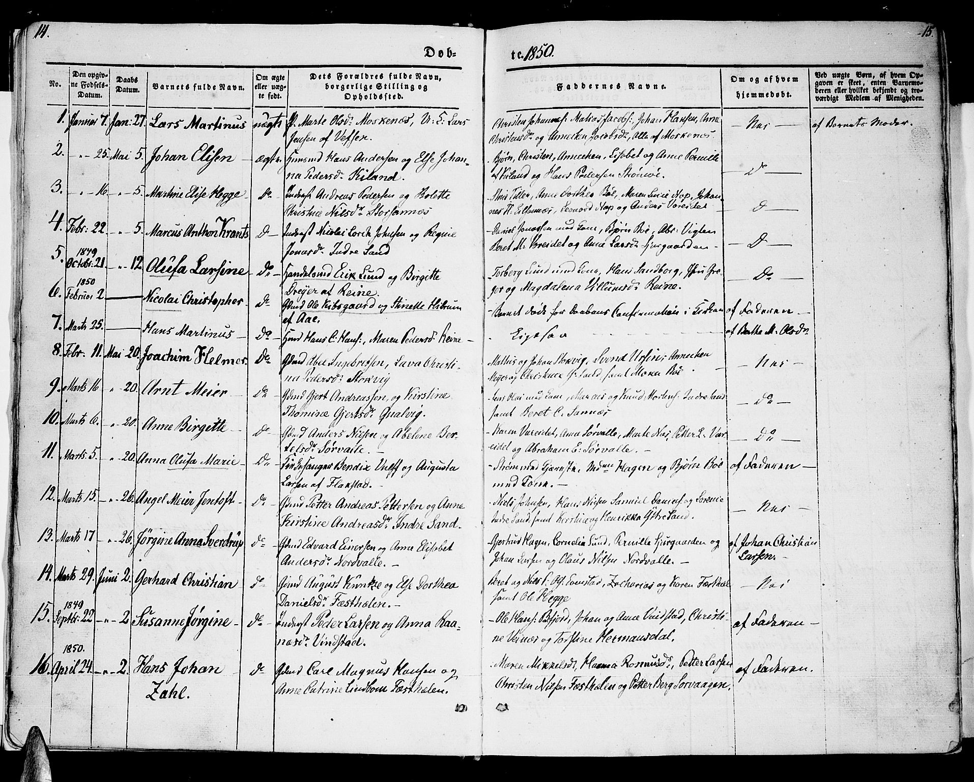 Ministerialprotokoller, klokkerbøker og fødselsregistre - Nordland, AV/SAT-A-1459/885/L1212: Parish register (copy) no. 885C01, 1847-1873, p. 14-15