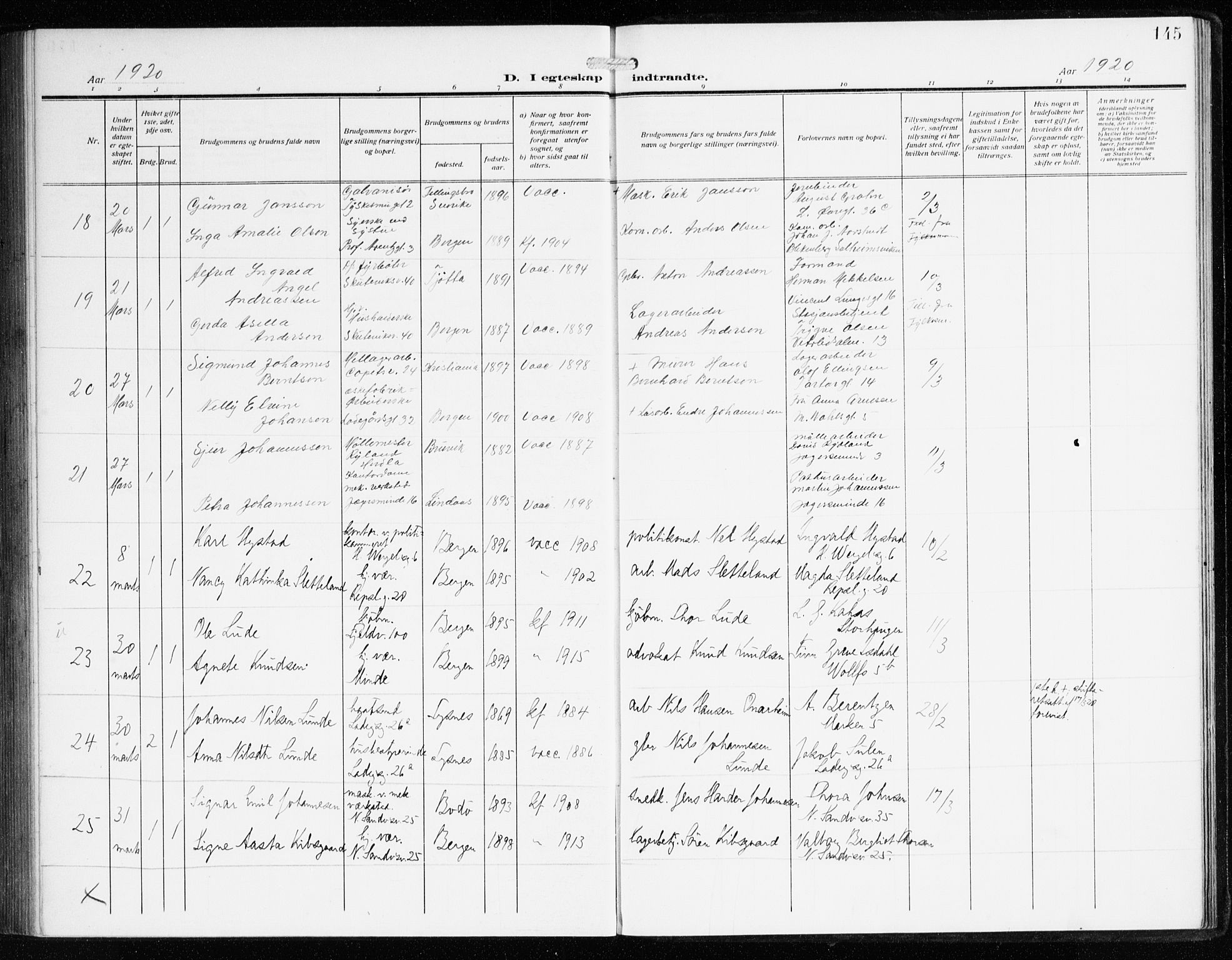 Sandviken Sokneprestembete, AV/SAB-A-77601/H/Ha/L0015: Parish register (official) no. D 2, 1911-1923, p. 145