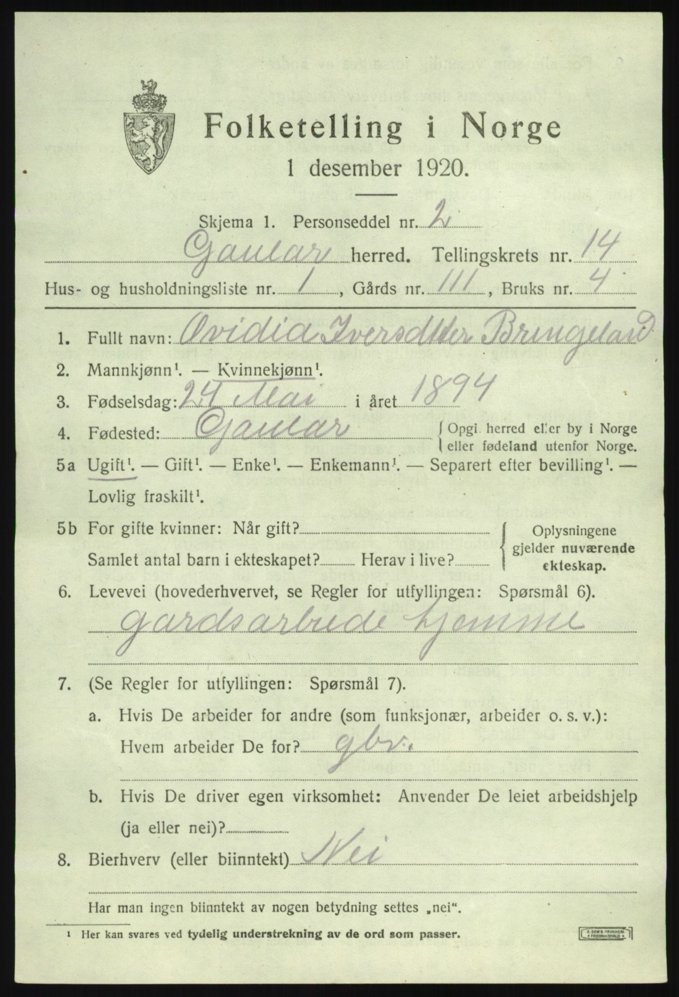 SAB, 1920 census for Gaular, 1920, p. 6372