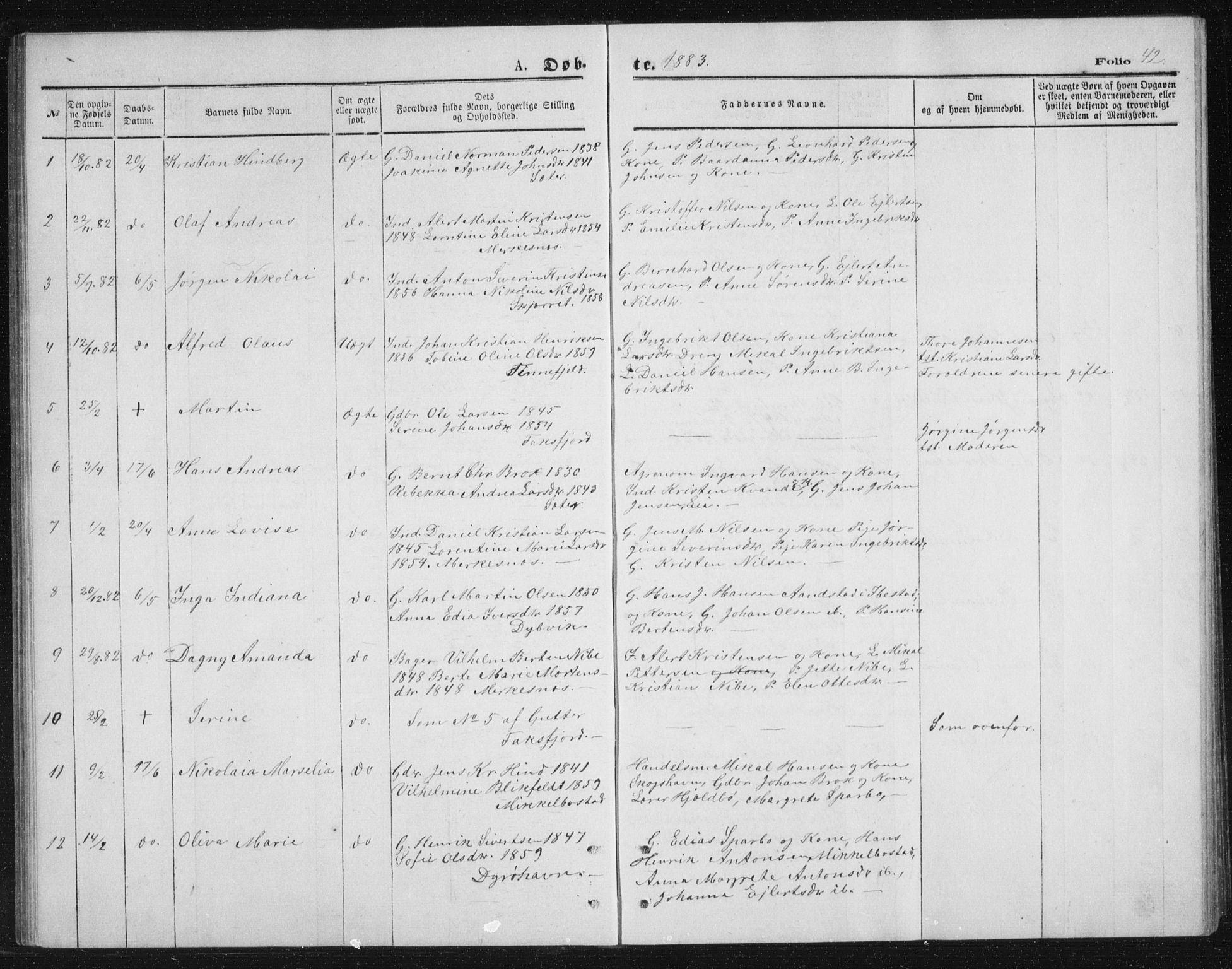 Tranøy sokneprestkontor, SATØ/S-1313/I/Ia/Iab/L0013klokker: Parish register (copy) no. 13, 1874-1896, p. 42