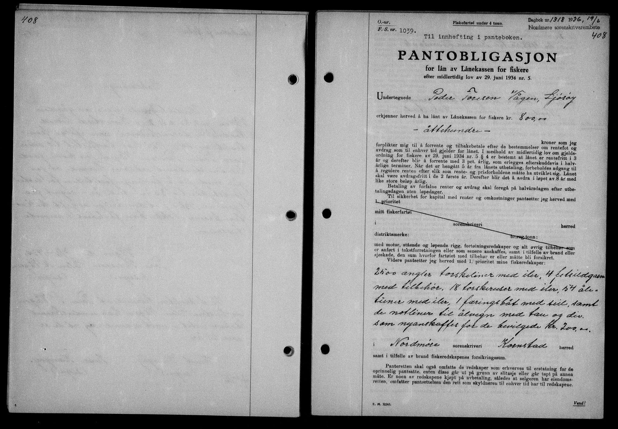 Nordmøre sorenskriveri, AV/SAT-A-4132/1/2/2Ca/L0088: Mortgage book no. 78, 1936-1936, Diary no: : 1318/1936