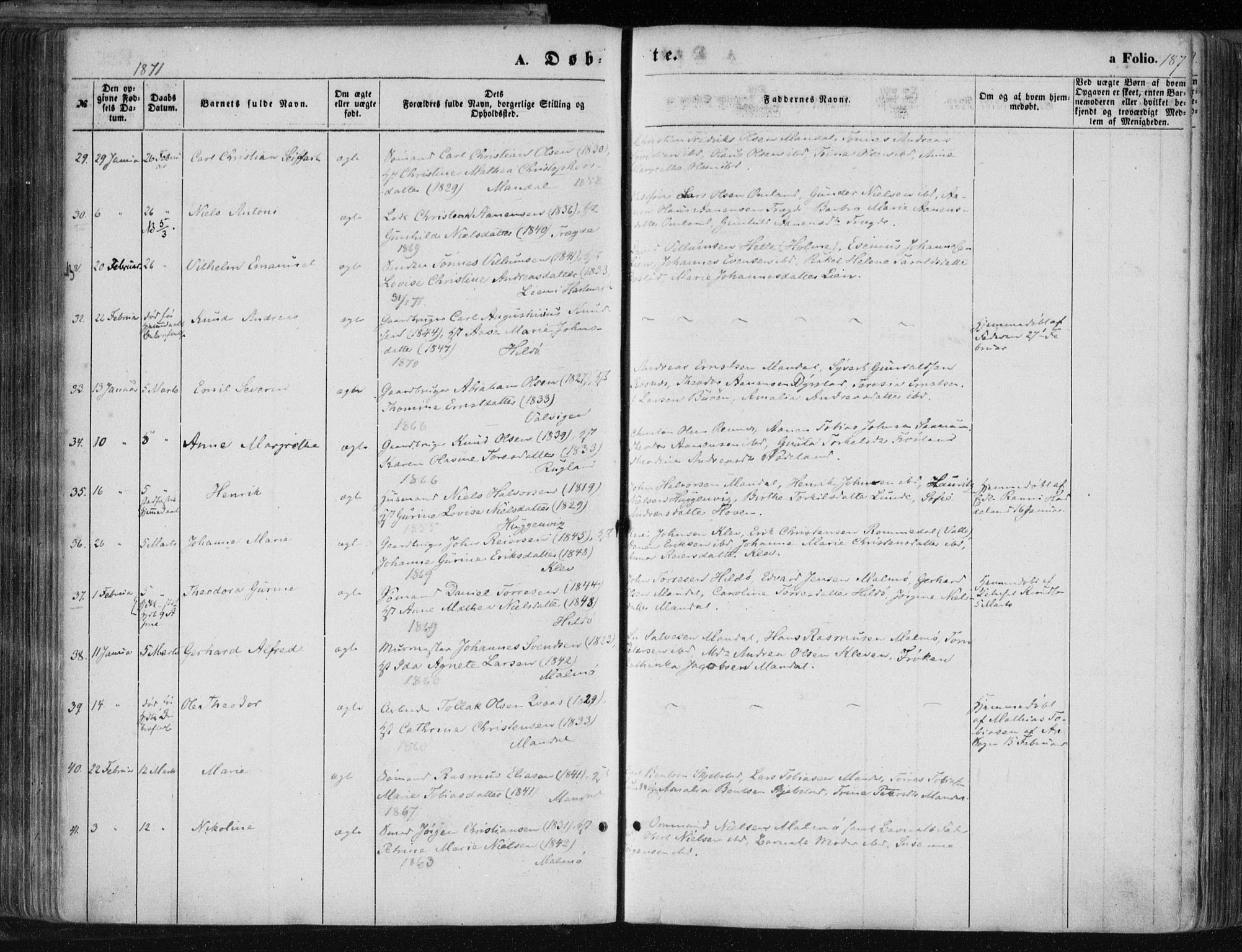 Mandal sokneprestkontor, SAK/1111-0030/F/Fa/Faa/L0014: Parish register (official) no. A 14, 1859-1872, p. 187