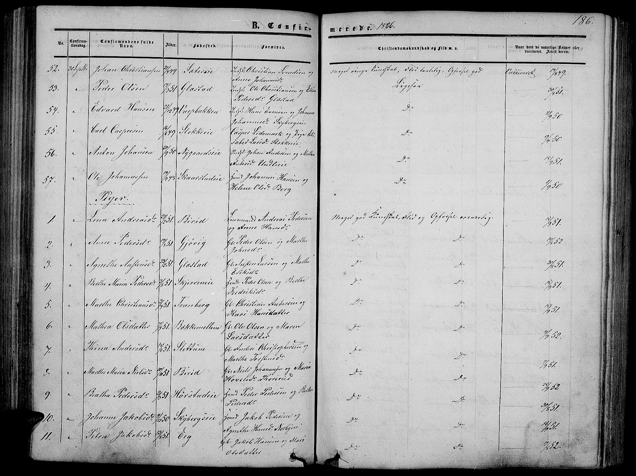 Vardal prestekontor, AV/SAH-PREST-100/H/Ha/Hab/L0005: Parish register (copy) no. 5, 1854-1868, p. 186