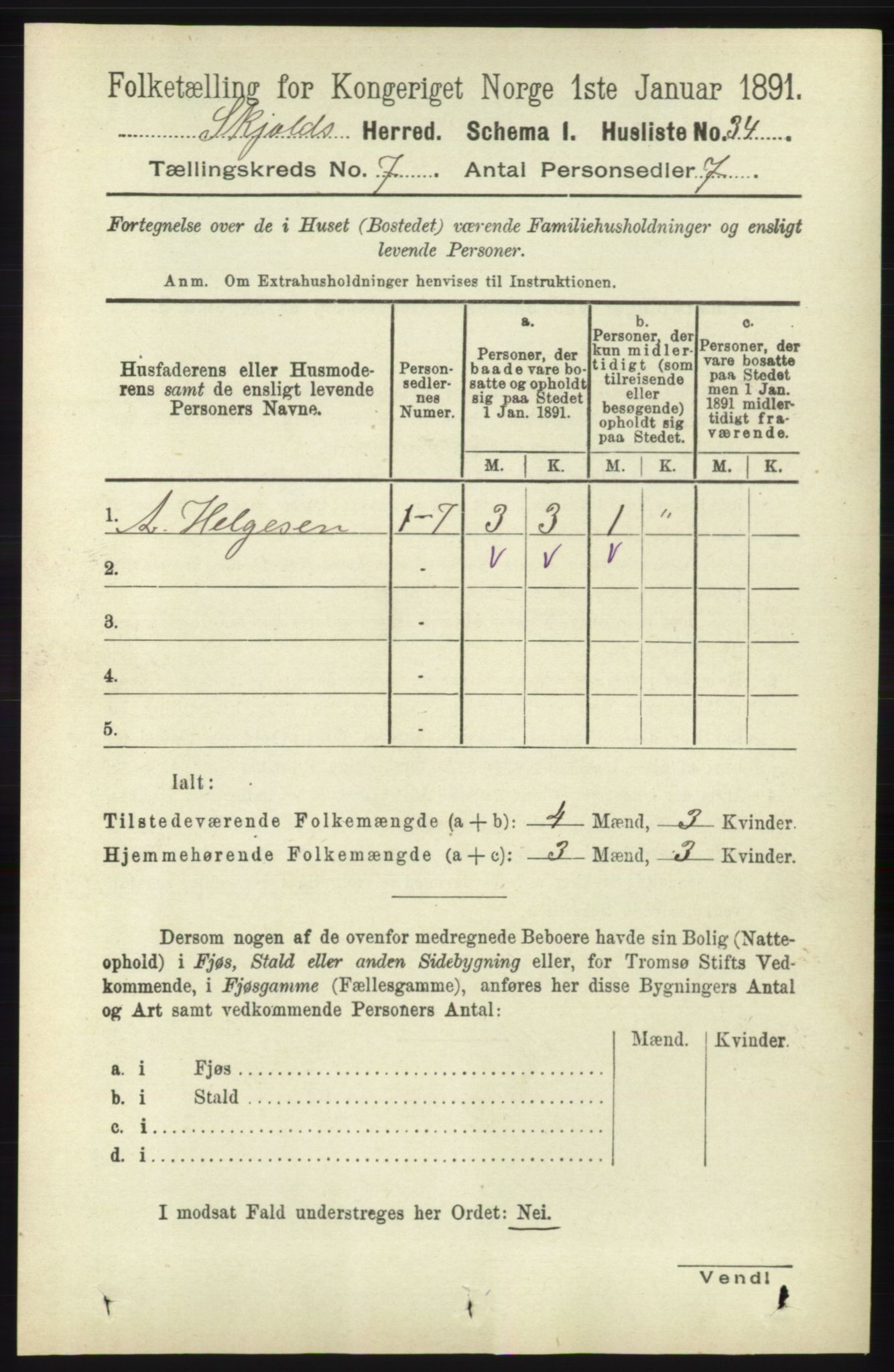 RA, 1891 census for 1154 Skjold, 1891, p. 1337