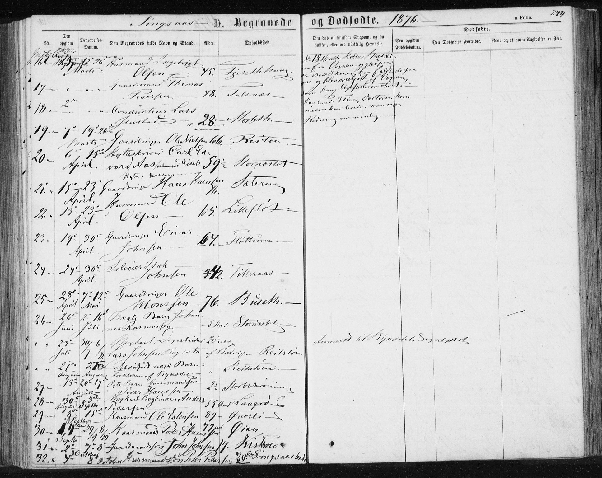 Ministerialprotokoller, klokkerbøker og fødselsregistre - Sør-Trøndelag, SAT/A-1456/685/L0970: Parish register (official) no. 685A08 /2, 1870-1878, p. 244