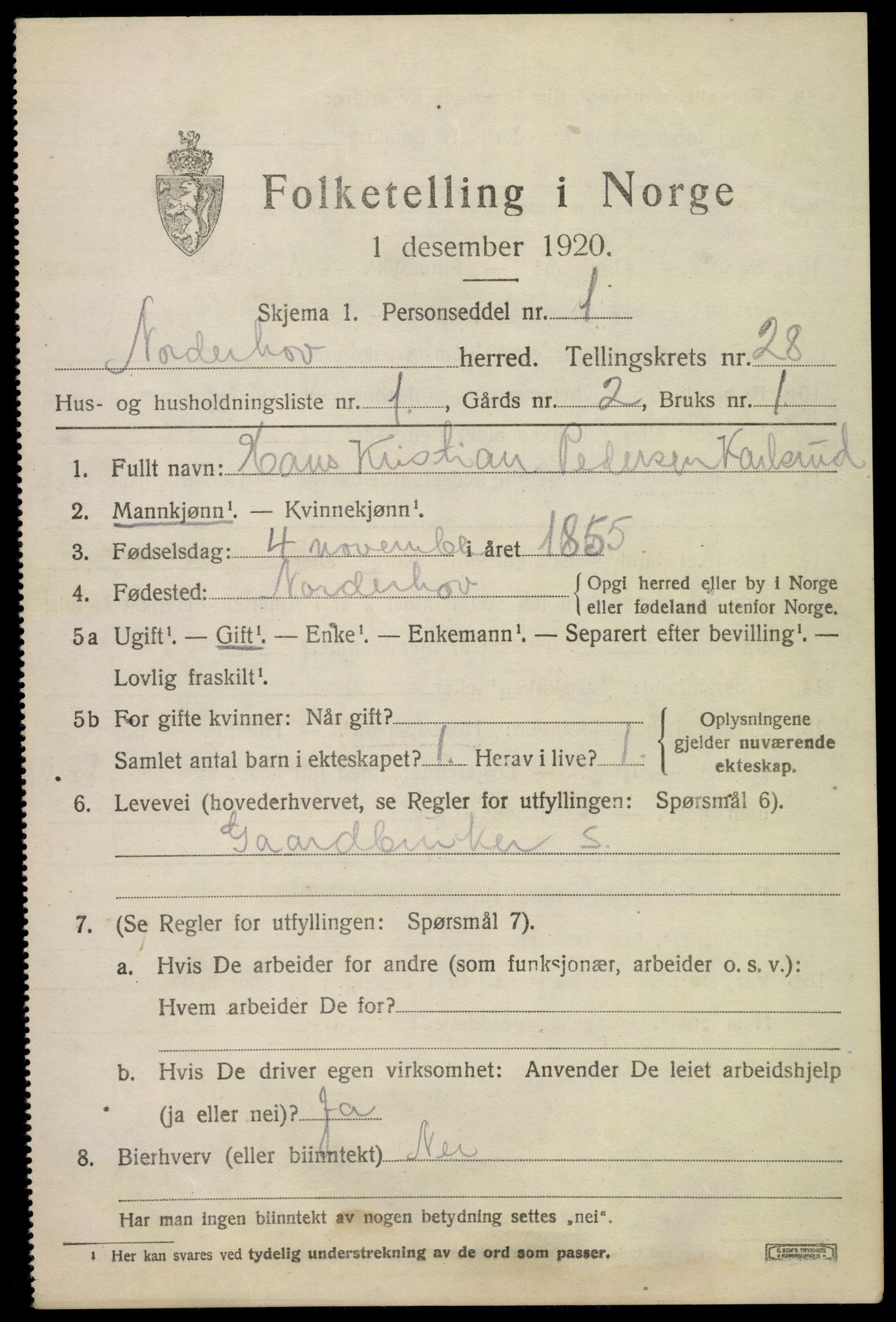 SAKO, 1920 census for Norderhov, 1920, p. 24830