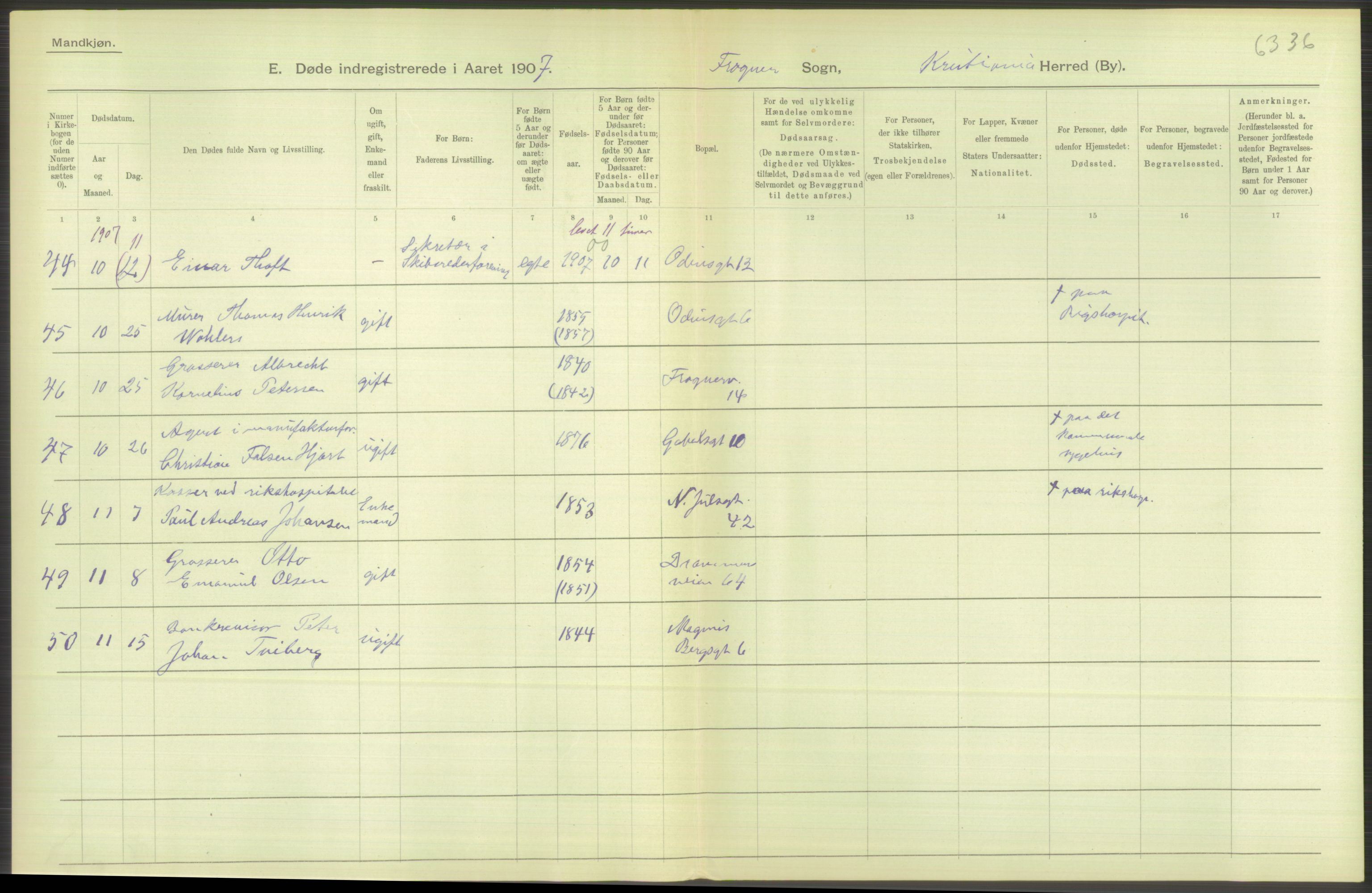 Statistisk sentralbyrå, Sosiodemografiske emner, Befolkning, RA/S-2228/D/Df/Dfa/Dfae/L0010: Kristiania: Døde, dødfødte, 1907, p. 518