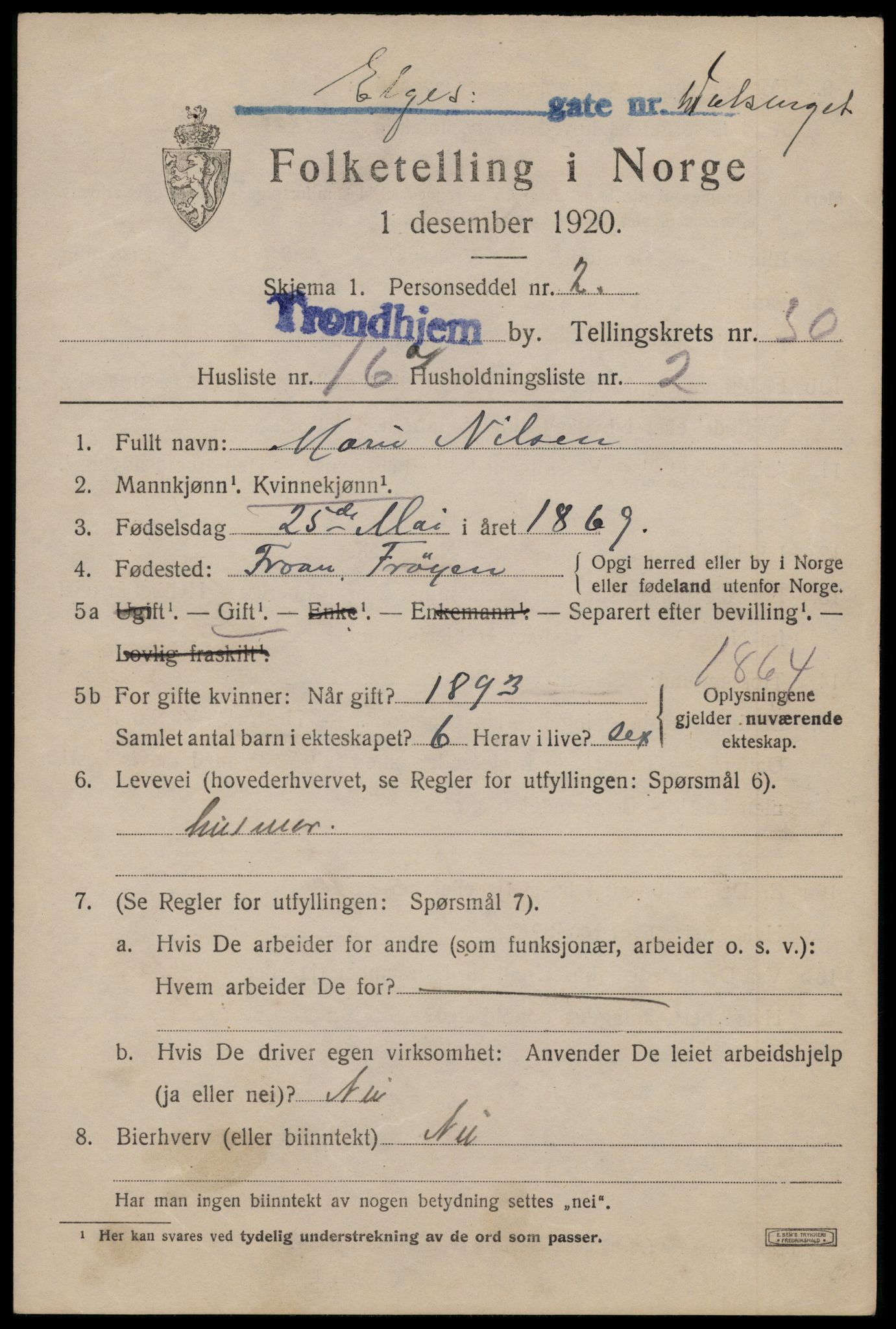 SAT, 1920 census for Trondheim, 1920, p. 74266