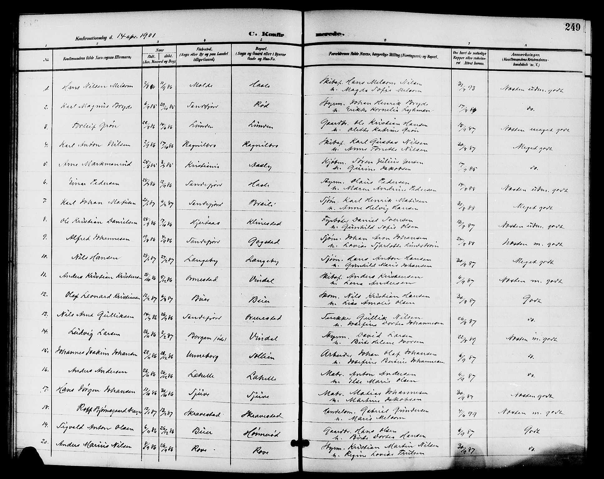 Sandar kirkebøker, AV/SAKO-A-243/G/Ga/L0002: Parish register (copy) no. 2, 1900-1915, p. 249