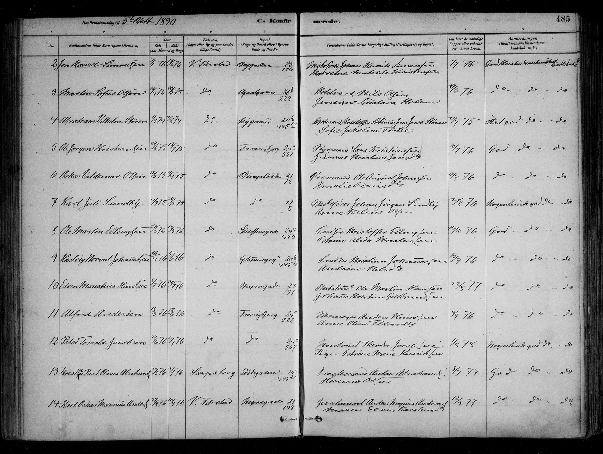 Fredrikstad domkirkes prestekontor Kirkebøker, AV/SAO-A-10906/F/Fa/L0004: Parish register (official) no. 4, 1878-1907, p. 485