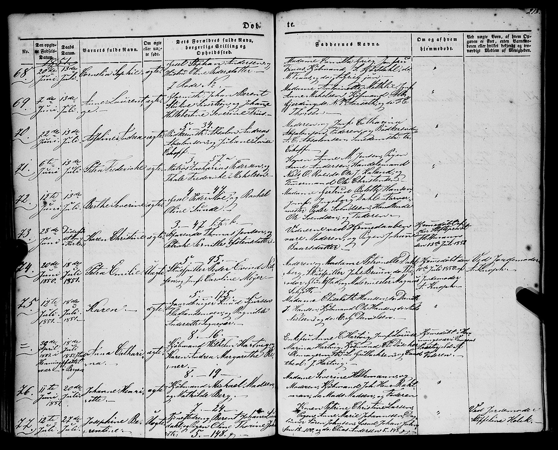 Nykirken Sokneprestembete, AV/SAB-A-77101/H/Haa/L0014: Parish register (official) no. B 1, 1844-1858, p. 213