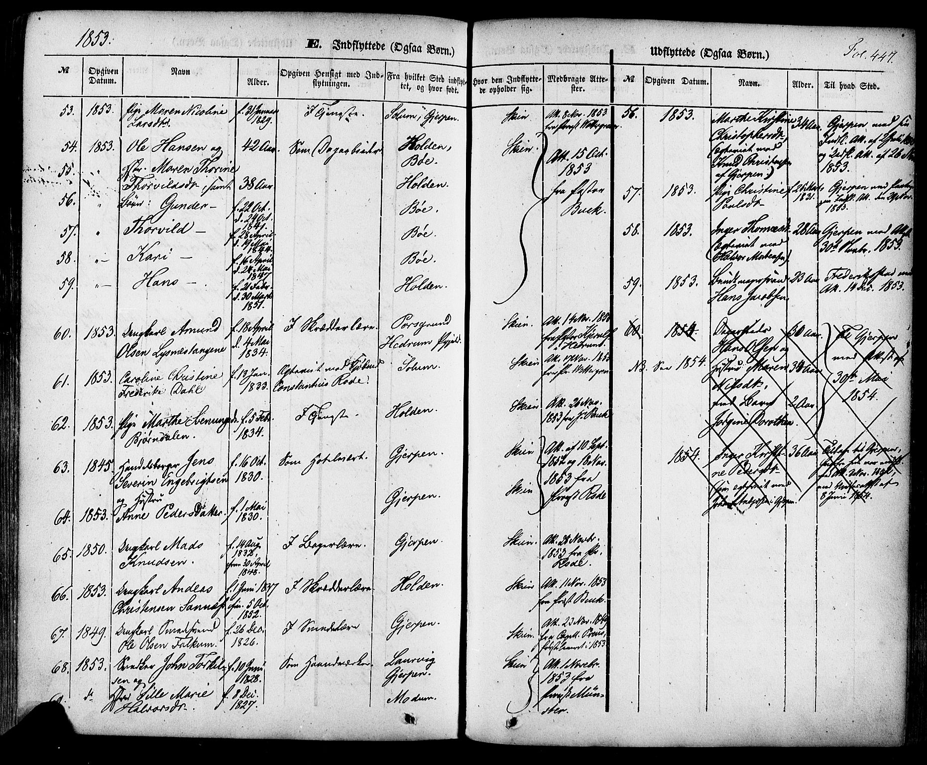 Skien kirkebøker, SAKO/A-302/F/Fa/L0006a: Parish register (official) no. 6A, 1843-1856, p. 447