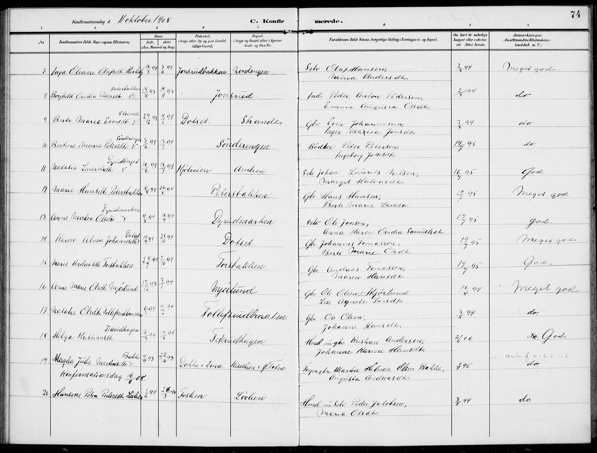 Kolbu prestekontor, AV/SAH-PREST-110/H/Ha/Haa/L0001: Parish register (official) no. 1, 1907-1923, p. 74