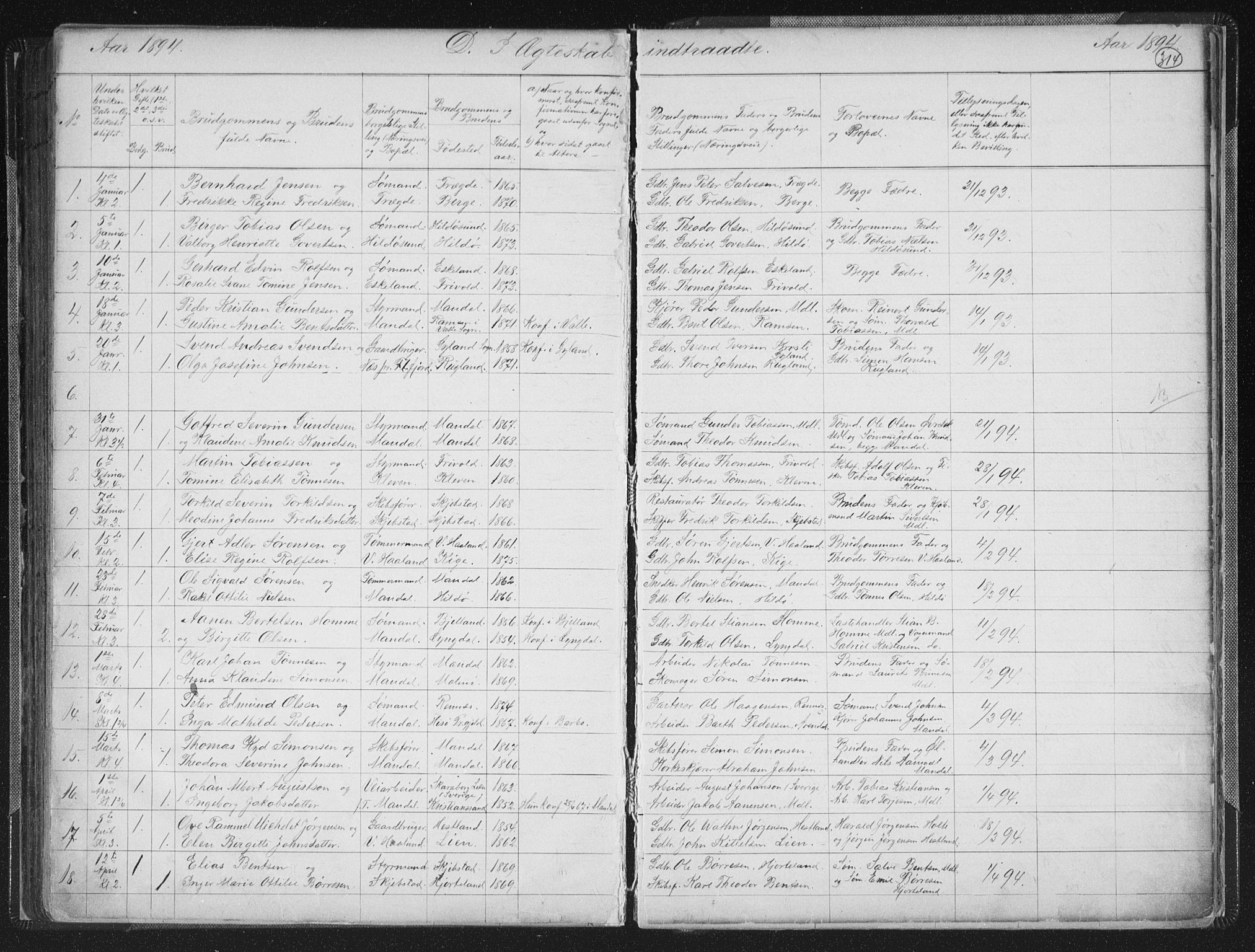 Mandal sokneprestkontor, SAK/1111-0030/F/Fb/Fba/L0011: Parish register (copy) no. B 5, 1880-1898, p. 314