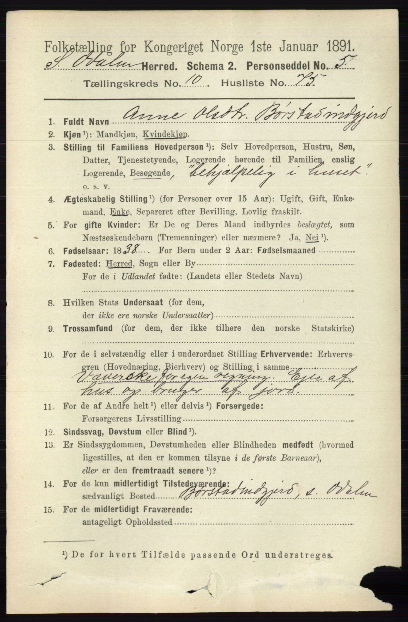 RA, 1891 census for 0419 Sør-Odal, 1891, p. 4824