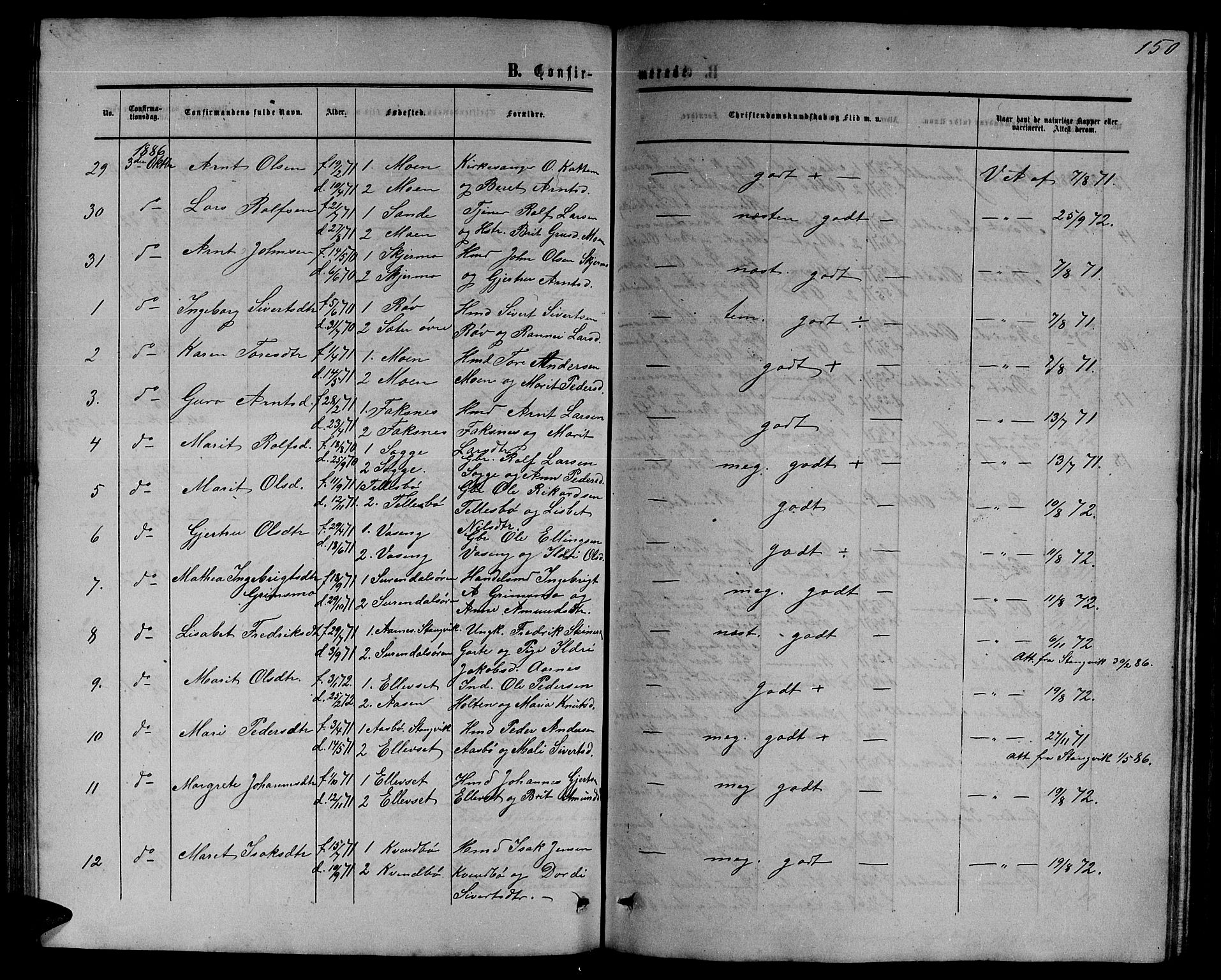 Ministerialprotokoller, klokkerbøker og fødselsregistre - Møre og Romsdal, SAT/A-1454/595/L1051: Parish register (copy) no. 595C03, 1866-1891, p. 150