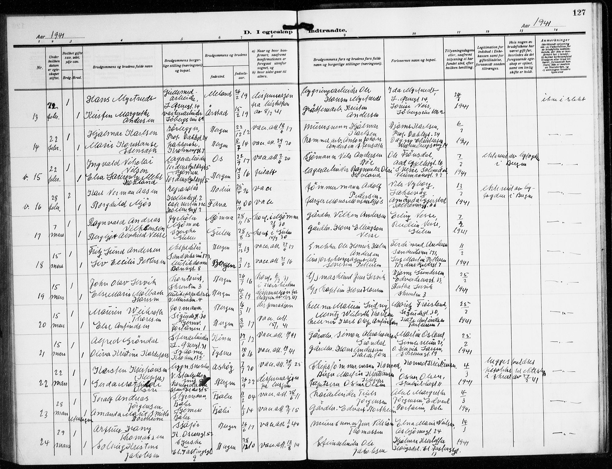 Korskirken sokneprestembete, AV/SAB-A-76101/H/Hab: Parish register (copy) no. D 5, 1926-1944, p. 127