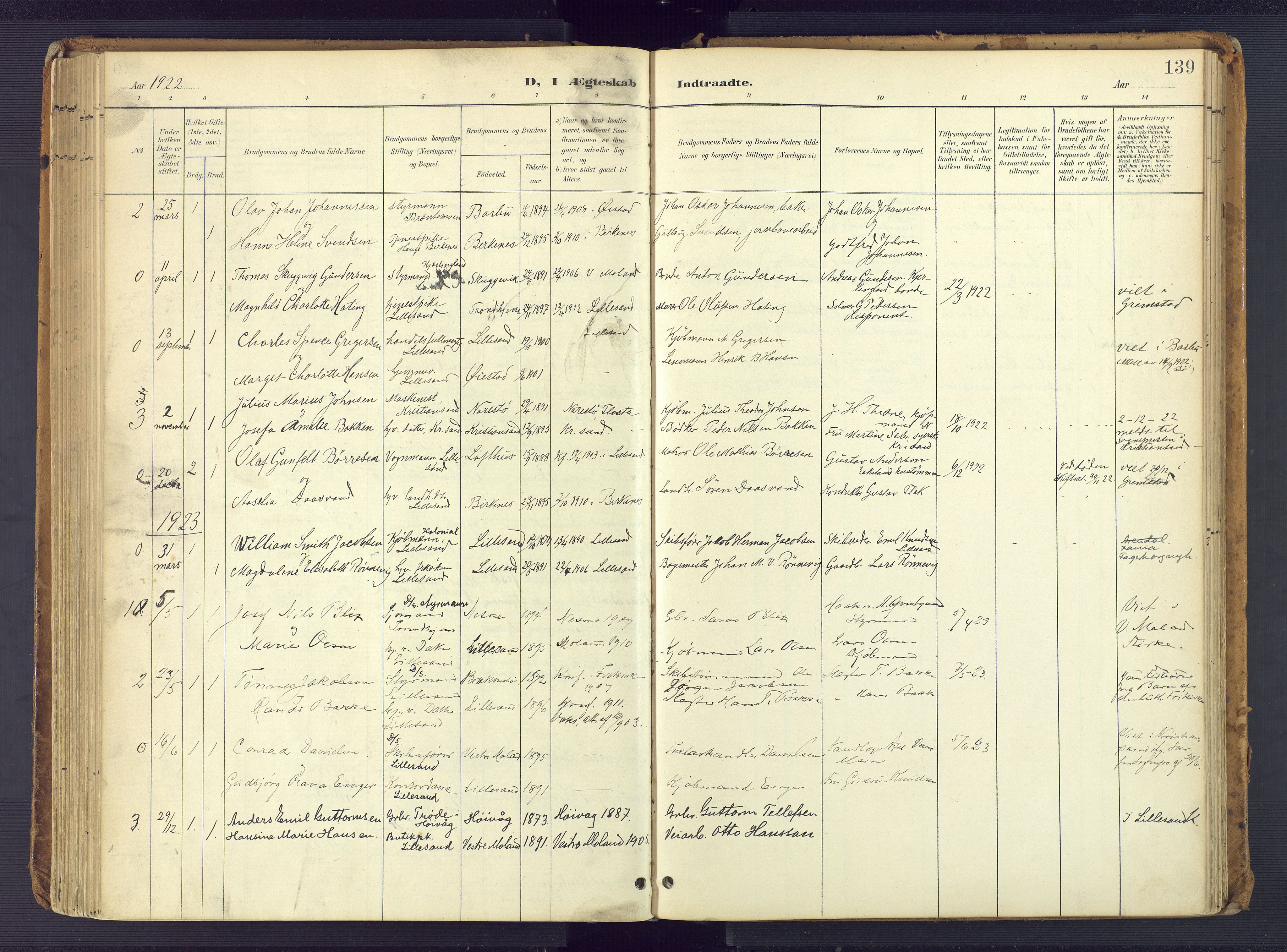 Vestre Moland sokneprestkontor, SAK/1111-0046/F/Fa/Faa/L0002: Parish register (official) no. A 2, 1900-1926, p. 139