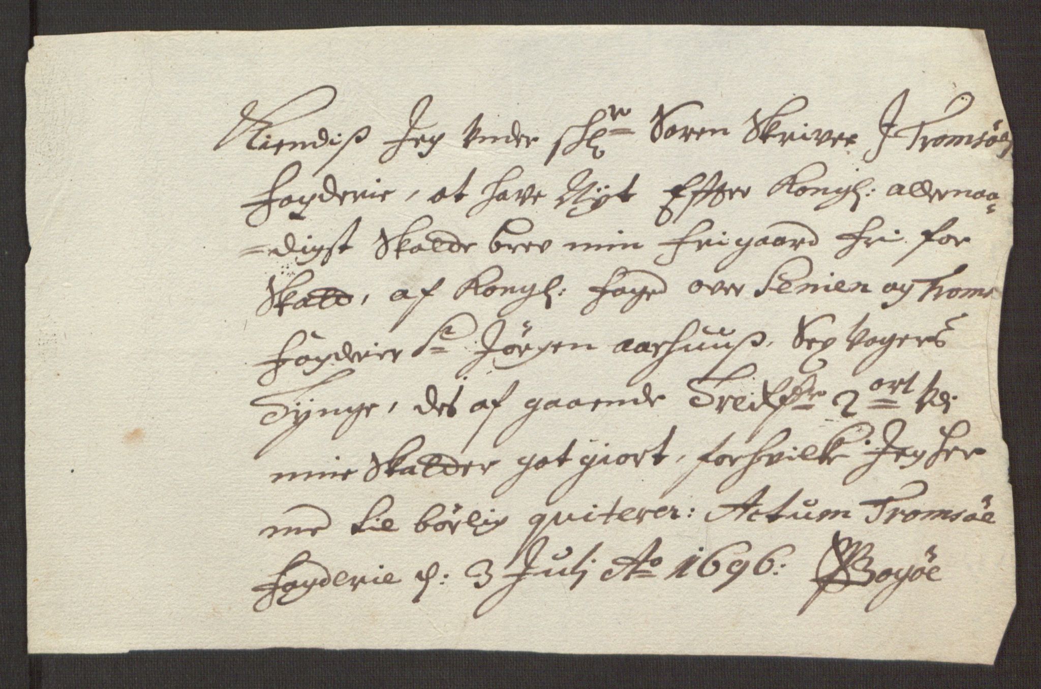 Rentekammeret inntil 1814, Reviderte regnskaper, Fogderegnskap, AV/RA-EA-4092/R68/L4753: Fogderegnskap Senja og Troms, 1694-1696, p. 352