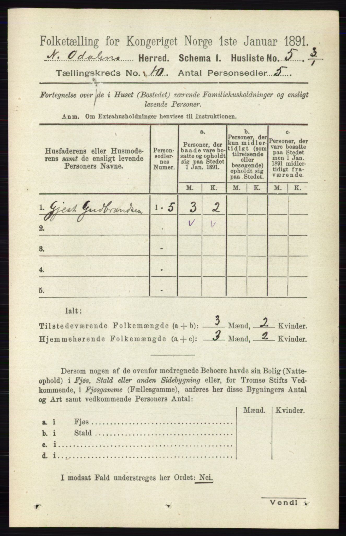 RA, 1891 census for 0418 Nord-Odal, 1891, p. 4440